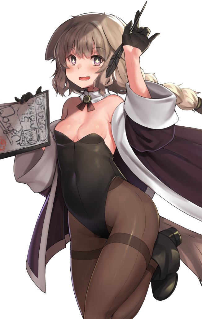 itou ryuusei, original, commentary request, + +, 1girl, animal ears, black gloves, black leotard, black shoes, braid, breasts, brown hair, brown pantyhose, cleavage, coat, covered navel, detached collar, dog ears, dog girl, dog tail, fang, gloves, holding, holding quill, leg up, leotard, long sleeves, looking at viewer, open mouth, pantyhose, purple eyes, quill, shoes, skin fang, smile, solo, strapless, strapless leotard, tail