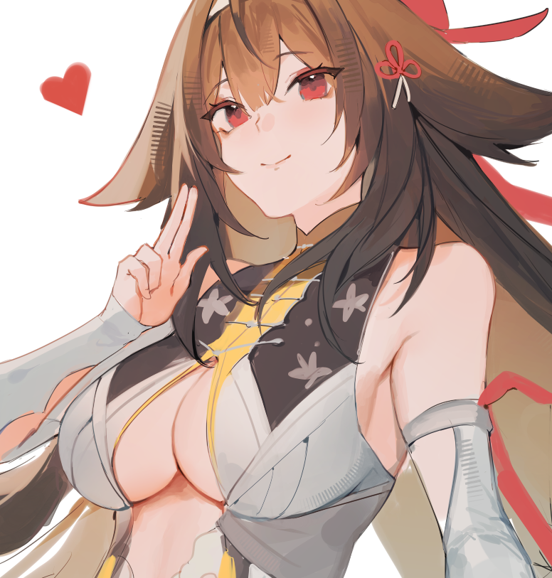 tomodurien, ye shunguang, zenless zone zero, commentary, symbol-only commentary, 1girl, animal ears, bare shoulders, breasts, brown hair, china dress, chinese clothes, closed mouth, clover, clover hair ornament, dress, droopy ears, fox ears, fox girl, hair ornament, hairband, hand up, heart, long hair, looking at viewer, medium breasts, red eyes, red ribbon, ribbon, simple background, smile, solo, upper body, very long hair, white background, white hairband