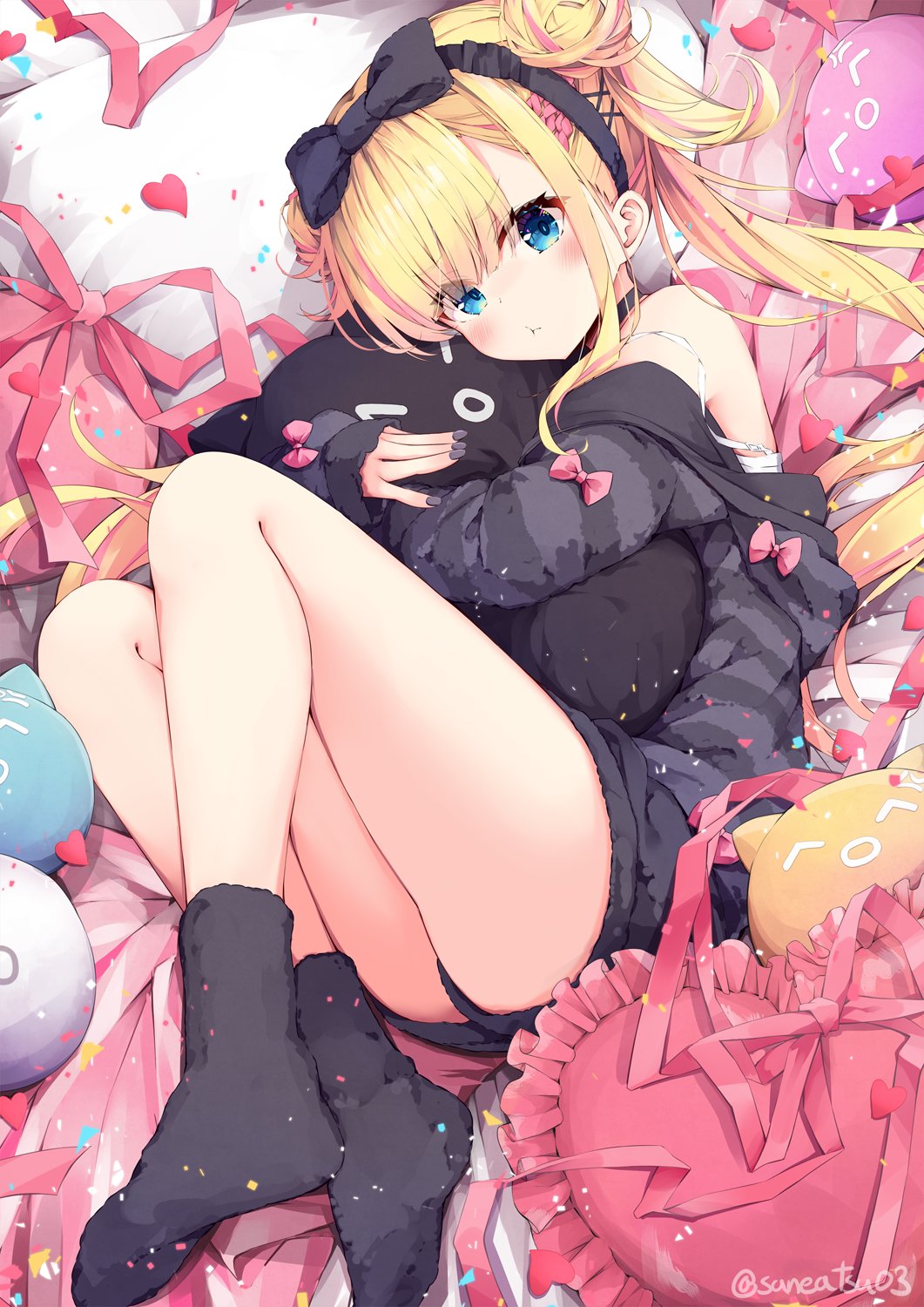 niwasane (saneatsu03), amakomo linon, vee (vtuber), commentary request, highres, :t, black bow, black hairband, black nails, black socks, blonde hair, blue eyes, blush, bow, hairband, long hair, long sleeves, lying, multicolored hair, on side, pink bow, pink hair, pink ribbon, ribbon, sidelocks, single bare shoulder, socks, strap slip, striped clothes, thighhighs, two-tone hair