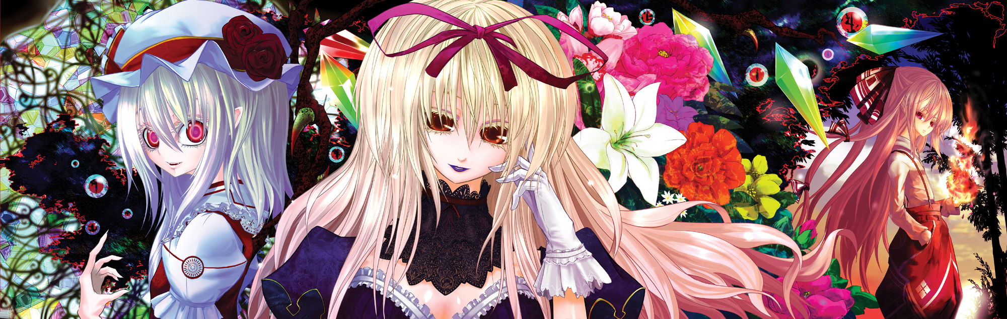 beshi, flandre scarlet, fujiwara no mokou, yakumo yukari, touhou, highres, long image, wide image, 3girls, bow, breasts, female focus, flower, gloves, hat, multiple girls, plant, ribbon, upper body, yandere