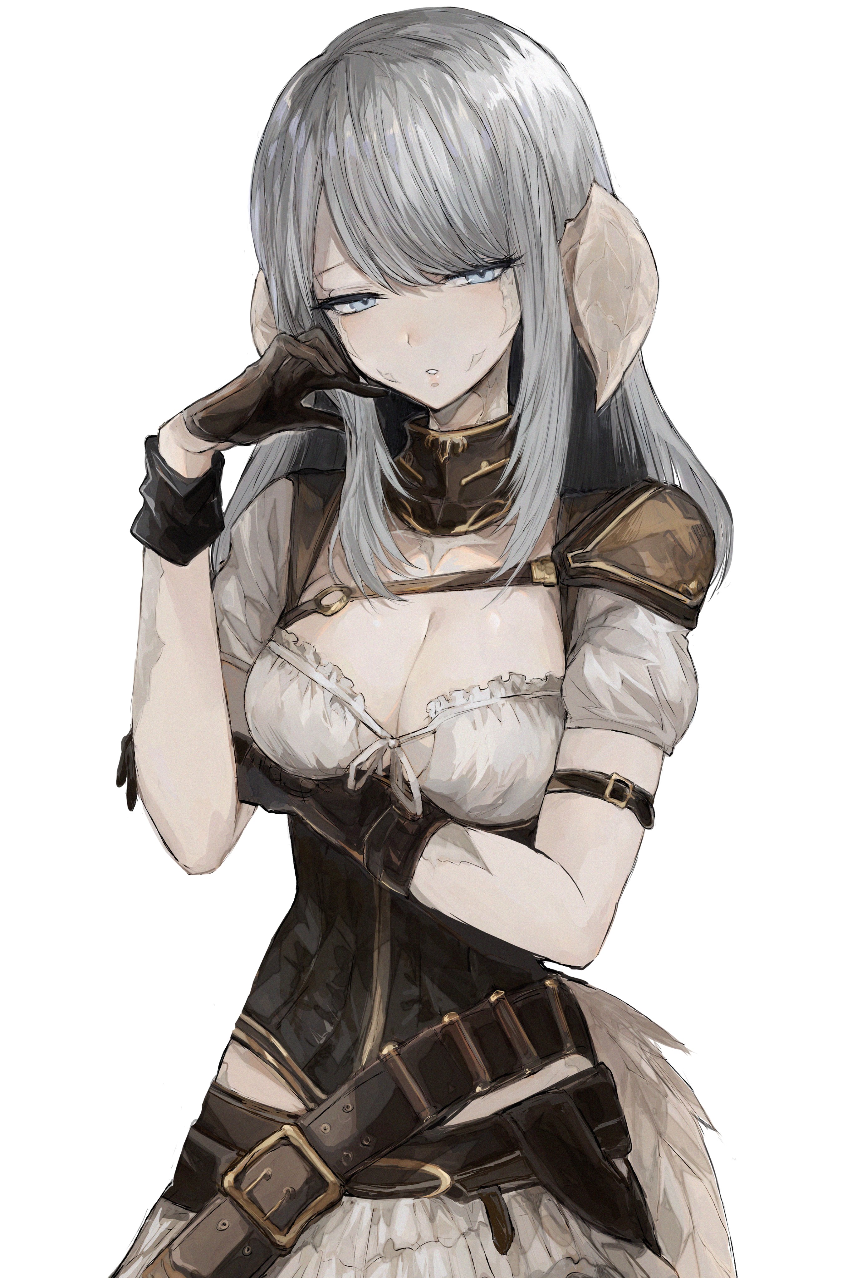 hachi0047, warrior of light (ff14), final fantasy, final fantasy xiv, absurdres, commentary request, highres, 1girl, asymmetrical gloves, au ra, belt, black gloves, blue eyes, breasts, cleavage, corset, dragon girl, dragon horns, dragon tail, gloves, grey hair, horns, long hair, looking at viewer, scales, shirt, short sleeves, simple background, skirt, solo, tail, white background, white shirt, white skirt