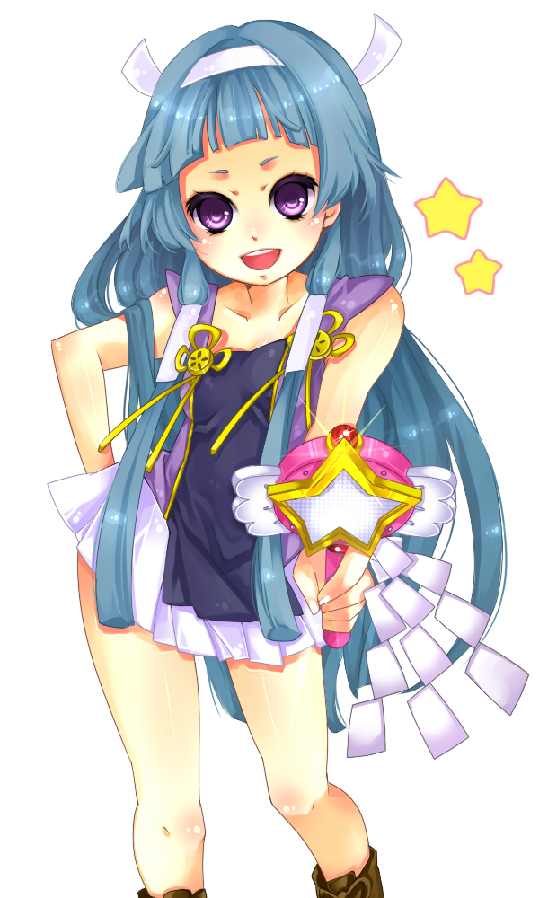 mata, nagi, kannagi, 00s, 1girl, blue hair, blunt bangs, boots, female focus, foreshortening, hair tubes, hairband, long hair, pleated skirt, purple eyes, skirt, smile, solo, wand, white skirt