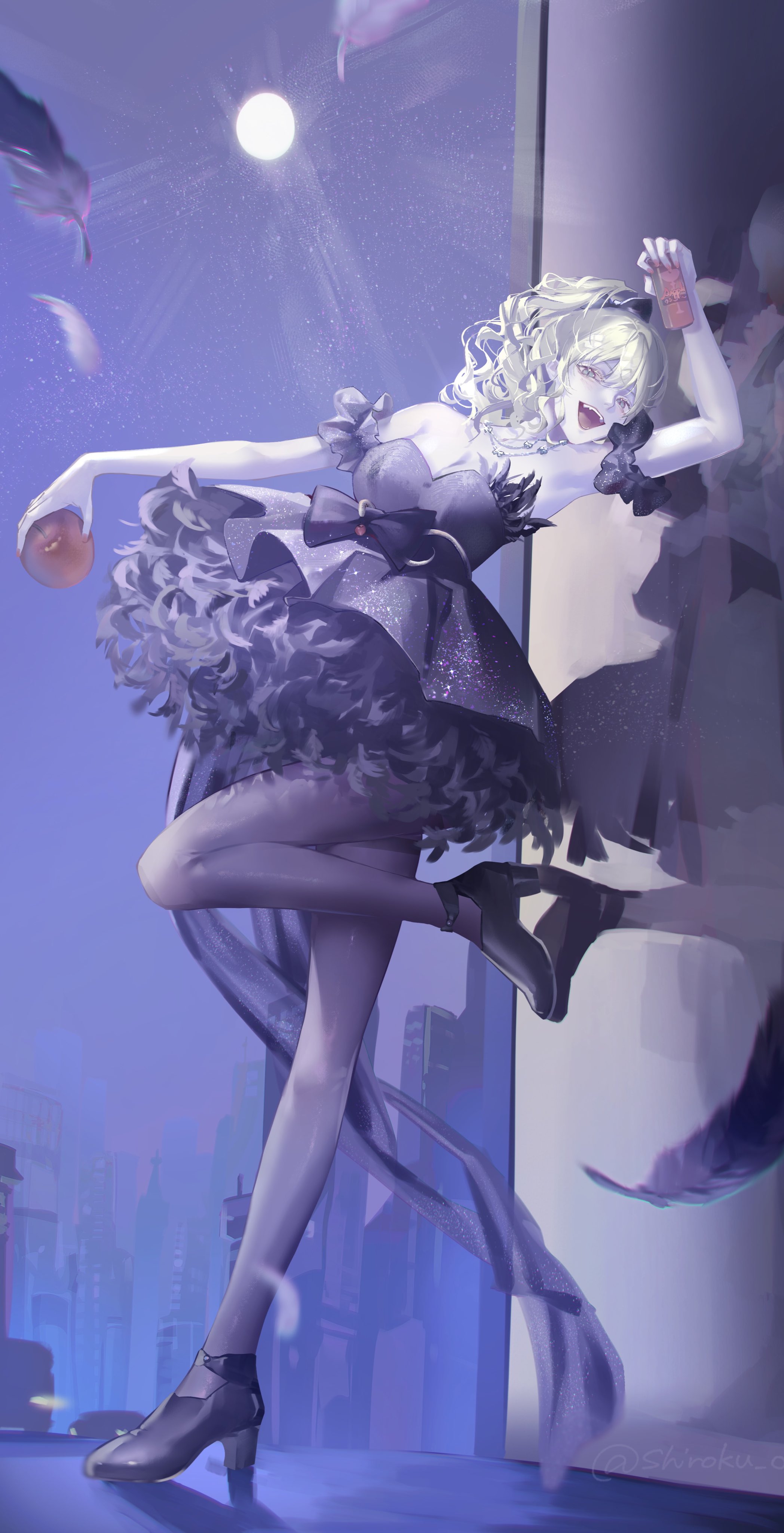 bianca (path to nowhere), path to nowhere, absurdres, commentary request, highres, 1girl, bare shoulders, black dress, blonde hair, cityscape, dress, full body, high heels, moon, night, night sky, open mouth, ponytail, shiroku ondo, sky, smile, solo, standing, standing on one leg, strapless, strapless dress