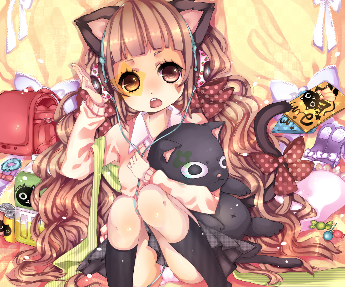 mata, original, animal ears, backpack, bag, bottle, bow, brown eyes, brown hair, can, candy, cat, cat ears, food, hair bow, headphones, kneehighs, long hair, panties, pantyshot, randoseru, skirt, socks, solo, stuffed animal, stuffed toy, twintails, underwear, very long hair