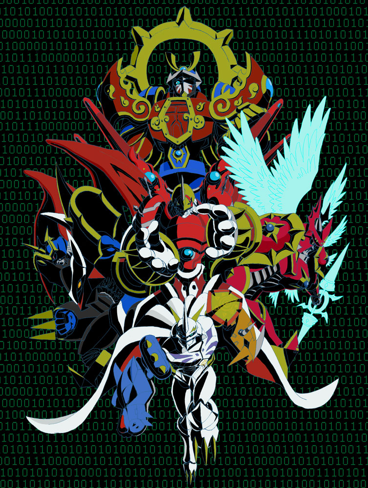 yamari (cb8666), dukemon, dukemon crimson mode, imperialdramon, imperialdramon fighter mode, omegamon, shinegreymon, susanoomon, digimon, digimon adventure, digimon adventure 02, digimon frontier, digimon savers, digimon tamers, 00s, cape, claws, digimon (creature), epic, monster, no humans, wings