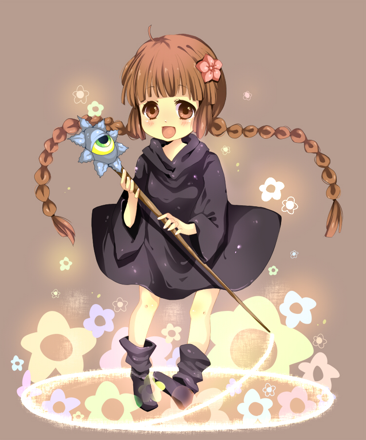 mata, kukuri (mahoujin guruguru), mahoujin guruguru, boots, braid, brown eyes, brown hair, cloak, eyeball, flower, hair flower, hair ornament, long hair, solo, staff, twin braids