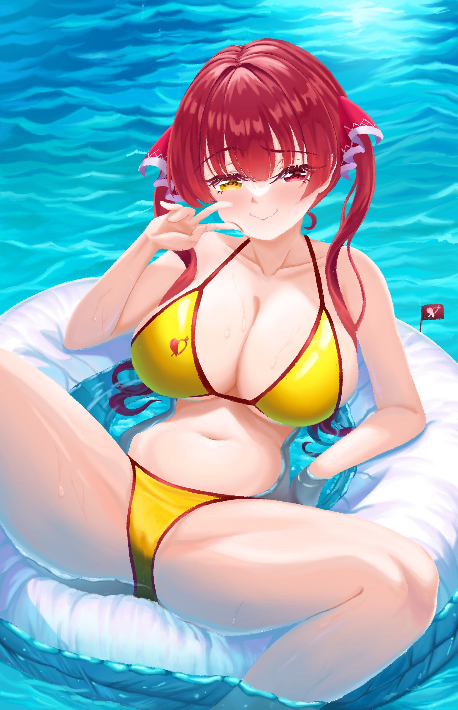 rorol reime, houshou marine, hololive, commentary request, highres, 1girl, bikini, breasts, closed mouth, fang, hair ribbon, heterochromia, innertube, large breasts, long hair, looking at viewer, navel, red eyes, red hair, red ribbon, ribbon, skin fang, smile, solo, swim ring, swimsuit, twintails, v, virtual youtuber, water, yellow bikini, yellow eyes
