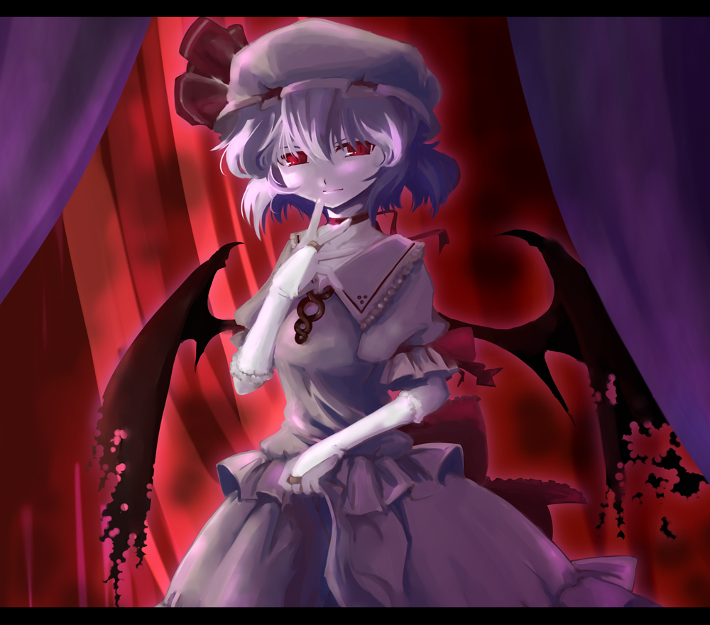 kazuha (ichiwa), remilia scarlet, touhou, light purple hair, 1girl, bridal gauntlets, female focus, hat, indoors, red eyes, short hair, solo, standing, wings