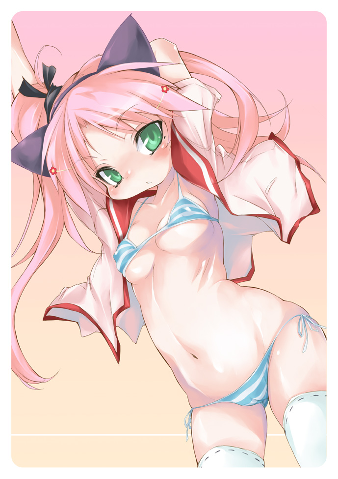 pulp piroshi, maaryan (to heart), original, to heart (series), to heart 2, 00s, 1girl, ahoge, animal ears, arm behind head, arms up, blue bra, blue panties, blush, bottomless, bra, breasts, cameltoe, cat ears, covered erect nipples, dutch angle, fake animal ears, female focus, gradient background, green eyes, groin, hair ornament, hair ribbon, hairband, hairclip, lingerie, long hair, looking at viewer, lowleg, lowleg panties, mole, mole under eye, navel, no pants, one side up, open clothes, open shirt, panties, parted bangs, parted lips, pink hair, ribbon, ribs, school uniform, serafuku, shirt, side-tie panties, side ponytail, skindentation, solo, standing, strap gap, striped bra, striped clothes, striped panties, thighhighs, underboob, underwear, white bra, white panties, white thighhighs, wide hips