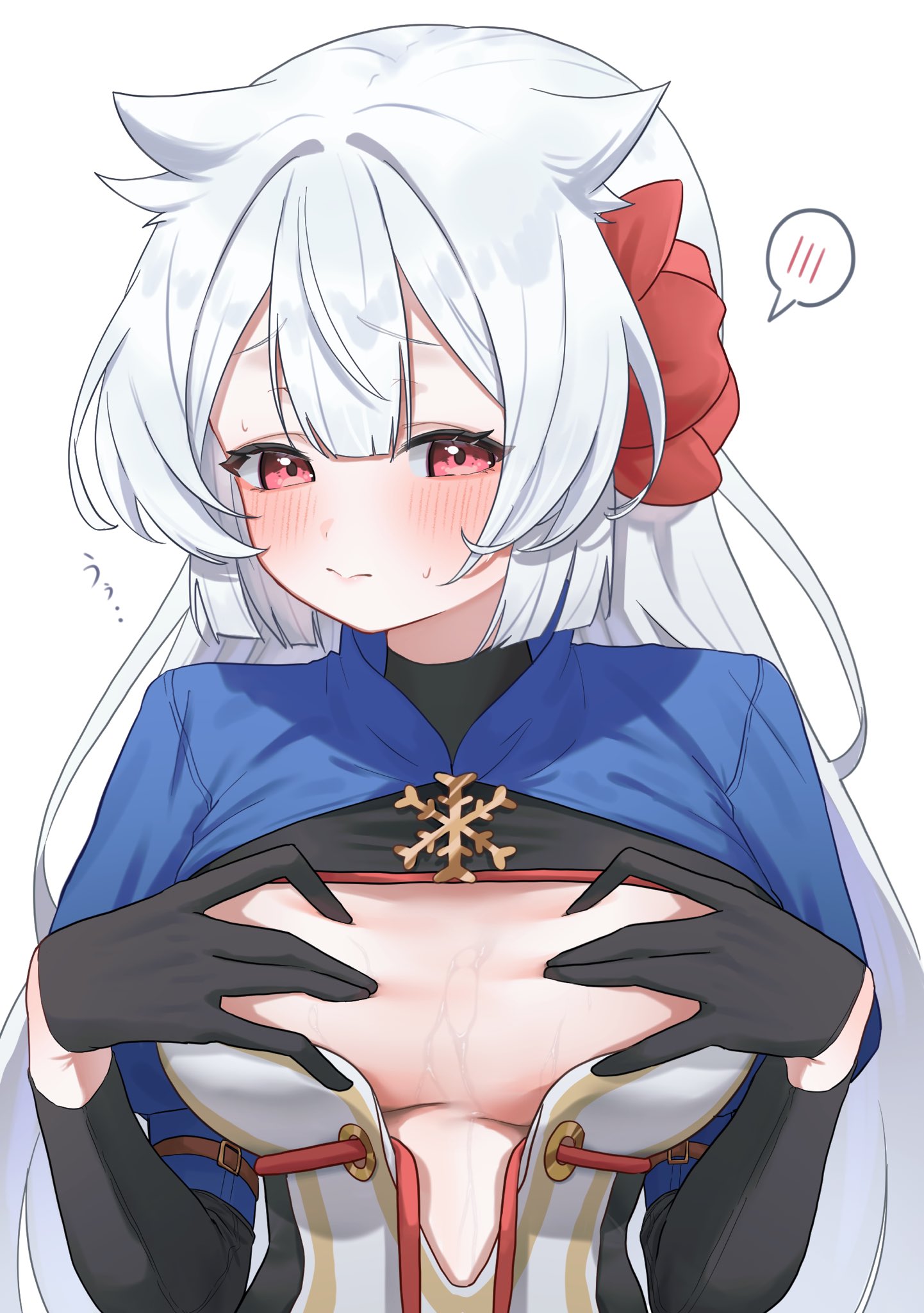 uzuraa, fuyuka (stella sora), stella sora, commentary, highres, 1girl, black gloves, blue shrug, breasts, breasts apart, closed mouth, flower, gloves, grabbing own breast, hair flower, hair ornament, large breasts, leotard, long hair, paizuri invitation, red eyes, shrug (clothing), simple background, snowflake brooch, solo, speech bubble, spoken blush, sweatdrop, upper body, very long hair, white background, white hair, white leotard