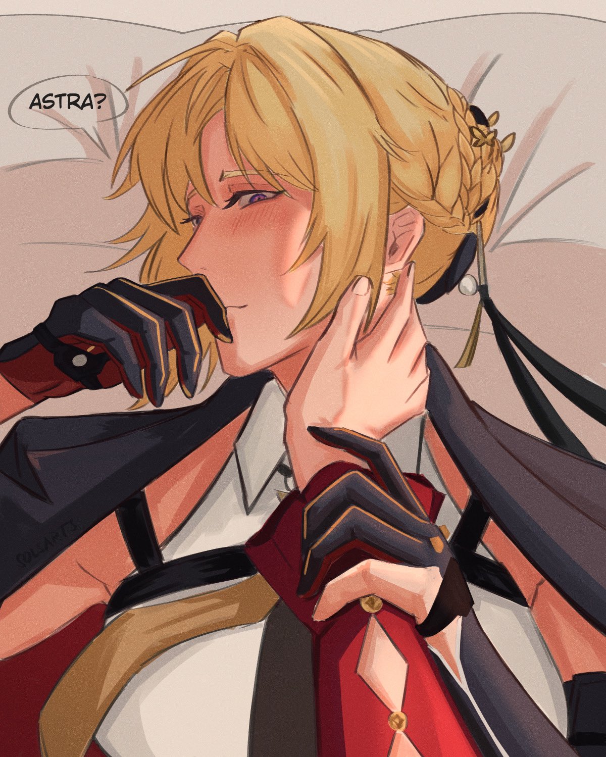 astra yao, evelyn chevalier, zenless zone zero, commentary, english commentary, highres, 2girls, blonde hair, blush, chest harness, closed mouth, coat, coat on shoulders, covering own mouth, elbow gloves, english text, gloves, half-closed eyes, half gloves, hand on another's neck, harness, head on pillow, holding another's arm, long ribbon, looking at viewer, lying, multiple girls, necktie, on back, pillow, pov, pov hands, purple eyes, red sleeves, ring hair ornament, shirt, single elbow glove, single half glove, sols4rts, speech bubble, upper body, white shirt, yellow necktie, yuri