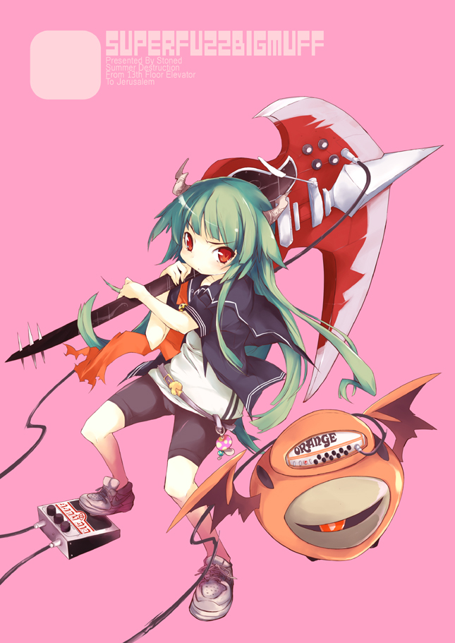 pulp piroshi, gibson sg, original, striped, amplifier, belt, bike shorts, cable, effects pedal, electric guitar, green hair, guitar, gym uniform, horns, instrument, long hair, pedal, red eyes, school uniform, scythe, serafuku, shoes, sneakers, solo, wings