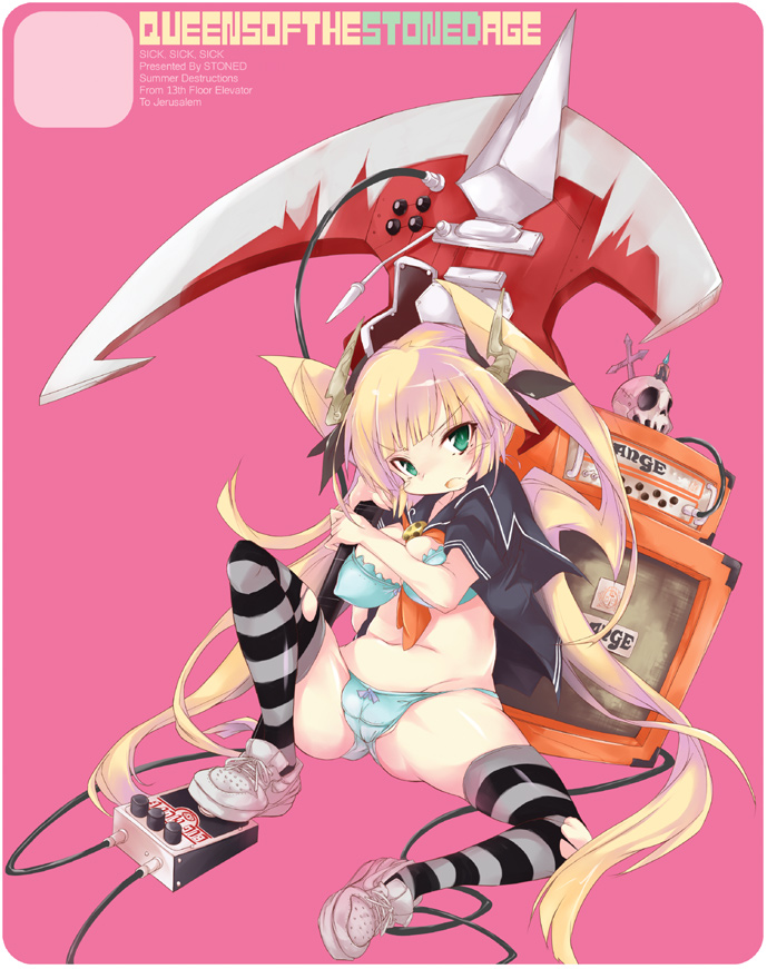 pulp piroshi, stoned (artist), gibson sg, original, 1girl, amplifier, between breasts, blonde hair, bra, breasts, cable, cameltoe, candle, cross, effects pedal, electric guitar, fat mons, female focus, green eyes, guitar, hair ribbon, horns, instrument, large breasts, lingerie, long hair, no pants, panties, plump, ribbon, school uniform, scythe, serafuku, shoes, skull, sneakers, solo, striped clothes, striped thighhighs, thighhighs, twintails, underwear, very long hair