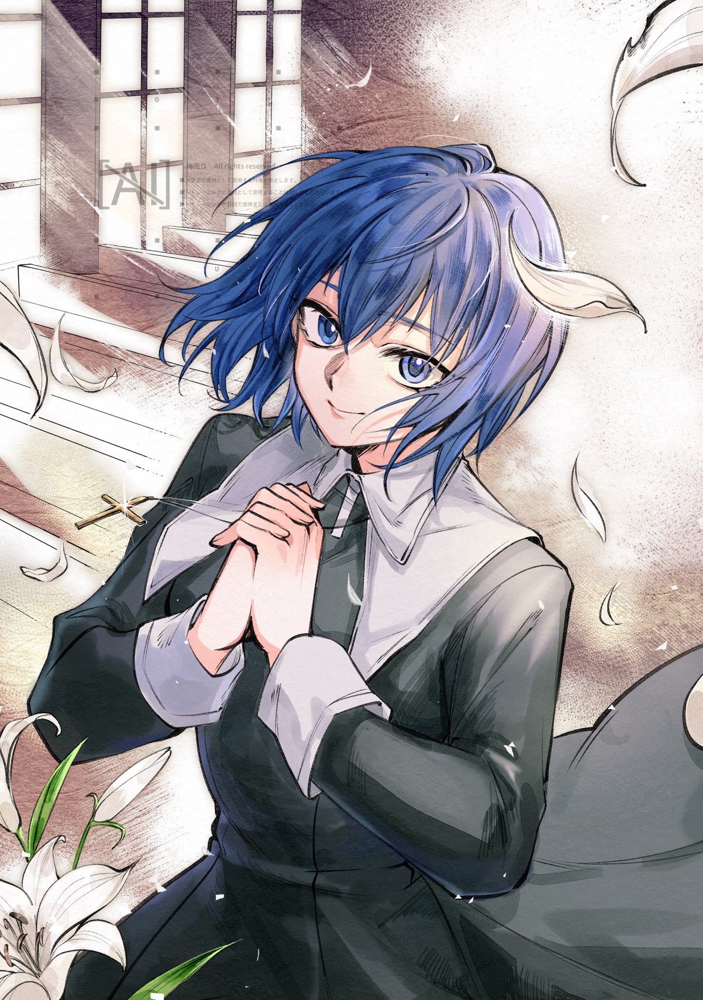 1204ryuu, ciel (tsukihime), tsukihime, tsukihime (remake), commentary request, highres, 1girl, black dress, blue eyes, blue hair, church, cross, cross necklace, dress, flower, happy, indoors, interlocked fingers, jewelry, long sleeves, looking at viewer, necklace, nun, own hands clasped, own hands together, palms together, praying, rosary, short hair, smile, solo, white flower