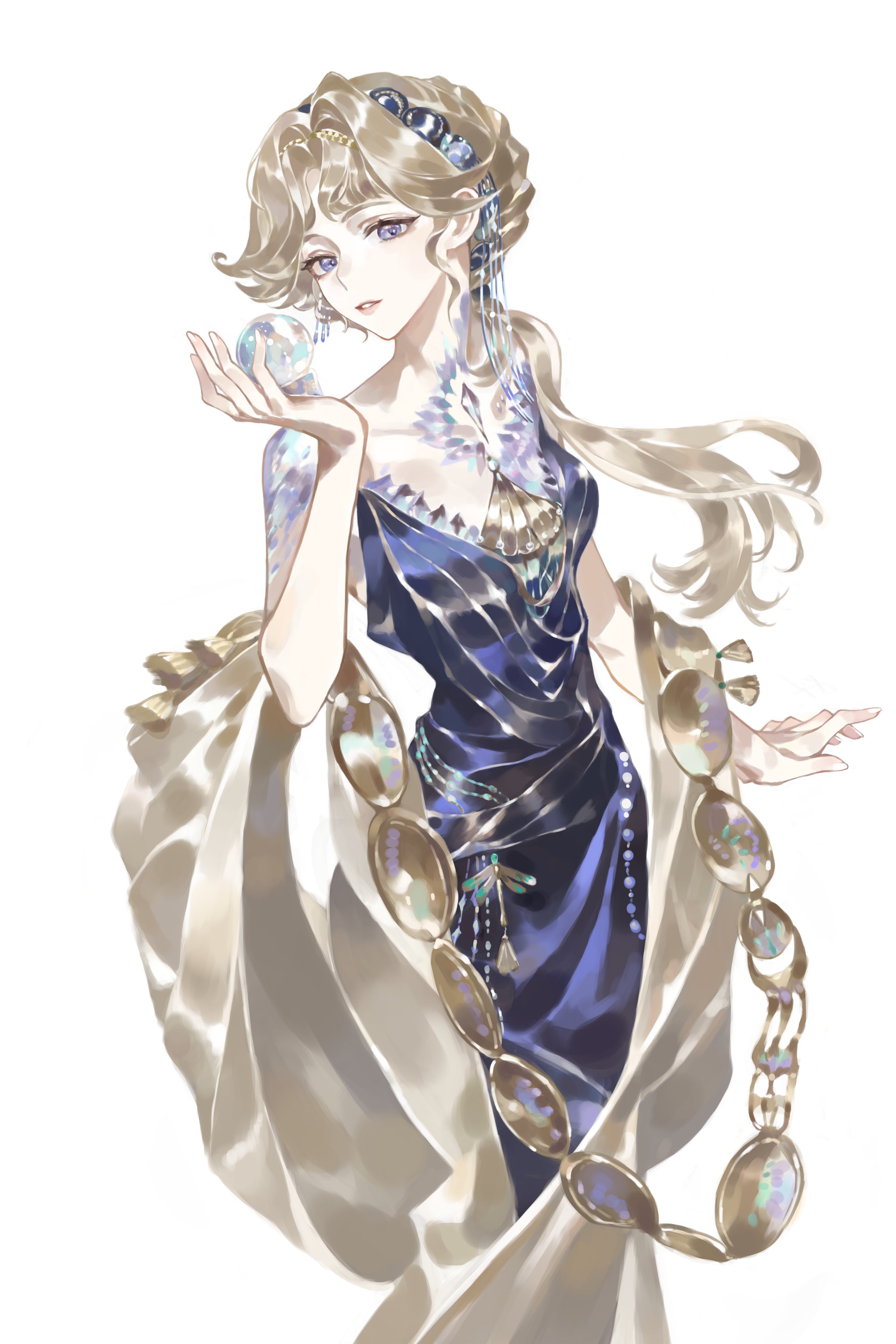 zhituan er, reverse:1999, absurdres, commentary request, highres, 1girl, ball, beryl bouanich, blonde hair, blue dress, blue eyes, crystal ball, crystallization, dress, evening gown, hairband, hand up, holding, holding ball, long hair, looking at viewer, looking down, low ponytail, parted lips, ponytail, shawl, sleeveless, sleeveless dress, solo, white background, yellow shawl