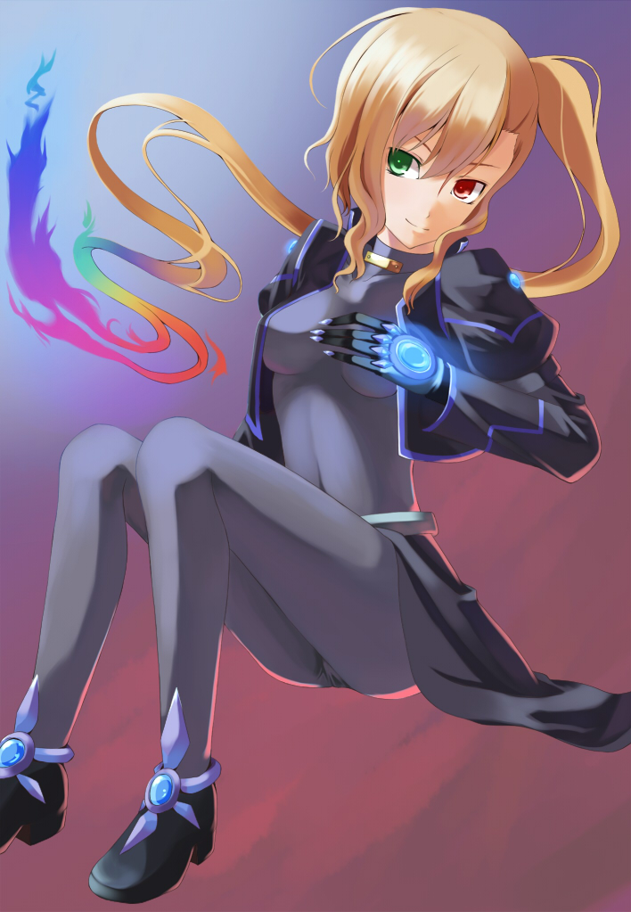 tadokoro teppei, vivio, lyrical nanoha, mahou shoujo lyrical nanoha, mahou shoujo lyrical nanoha strikers, 00s, 1girl, bodysuit, female focus, fire, gradient hair, heterochromia, long hair, multicolored hair, side ponytail, smile, solo, very long hair