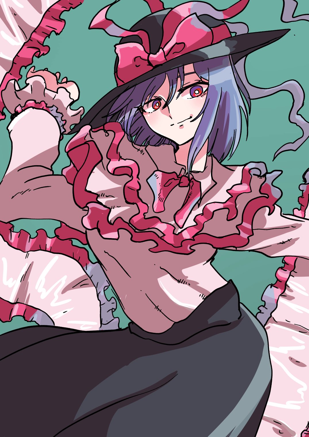 shioshio (betabetarimocon), nagae iku, touhou, commentary request, highres, 1girl, black hat, blue hair, blush, bow, bright pupils, capelet, closed mouth, frilled capelet, frilled shawl, frills, green background, hat, hat bow, long sleeves, looking at viewer, red eyes, shawl, short hair, simple background, solo, white pupils