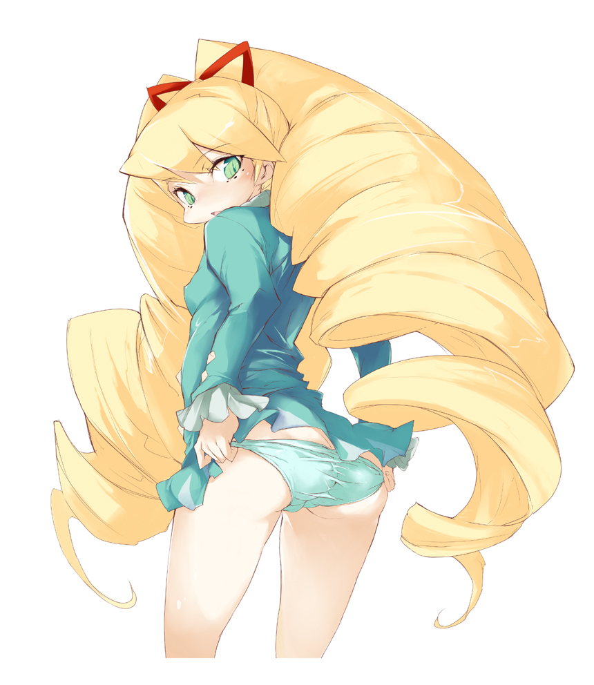 pulp piroshi, luna platz (mega man), capcom, mega man (series), mega man star force (series), 00s, 1girl, adjusting clothes, adjusting panties, ass, big hair, blonde hair, blush, butt crack, drill hair, female focus, green eyes, long hair, looking back, no legwear, panties, school uniform, solo, twin drills, twintails, underwear