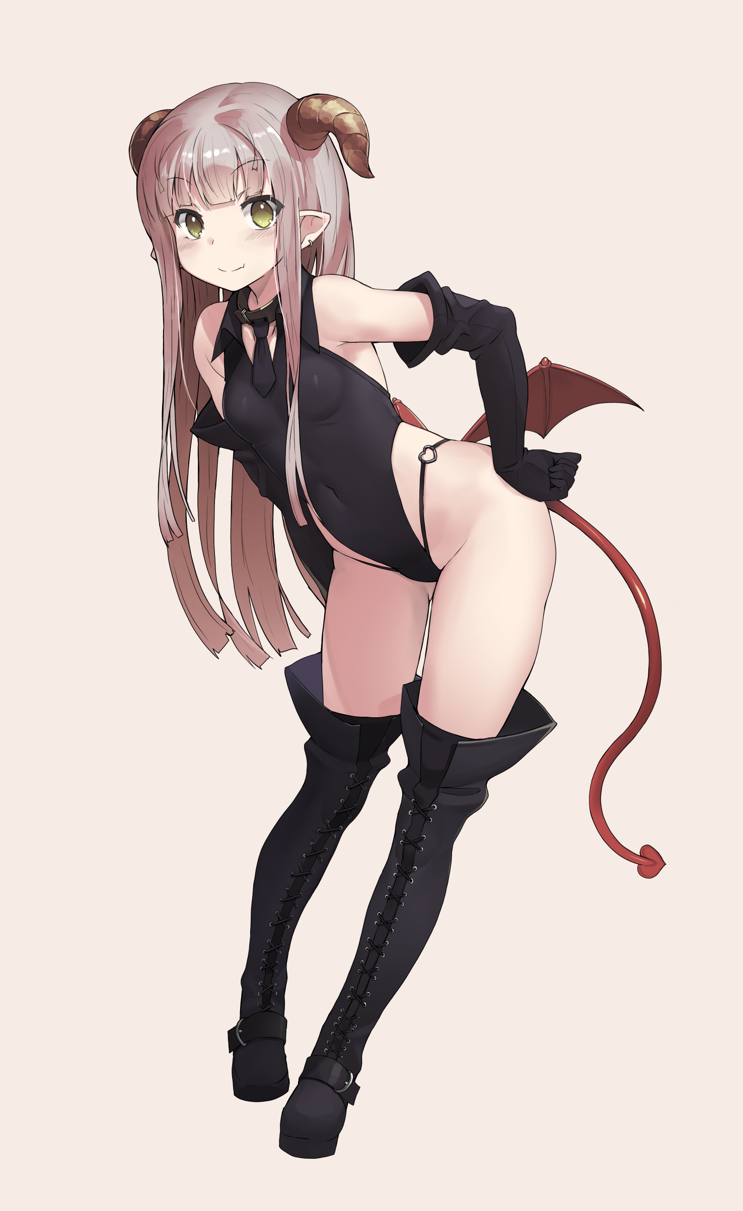 itou ryuusei, original, absurdres, commentary request, highres, 1girl, black boots, black gloves, black leotard, boots, breasts, brown background, collar, covered navel, demon horns, demon tail, demon wings, earrings, elbow gloves, full body, gloves, green eyes, grey hair, hand on own hip, horns, jewelry, knee boots, leotard, looking at viewer, necktie, pointy ears, simple background, smile, solo, tail, wings