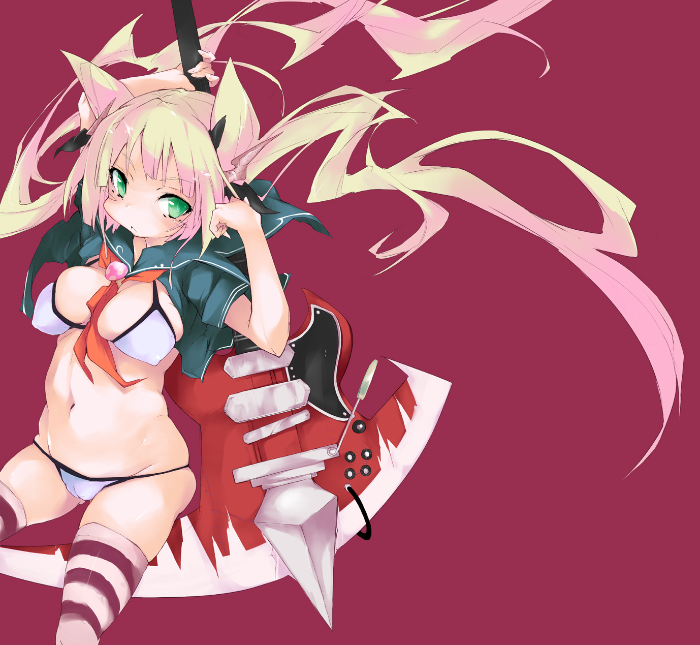 pulp piroshi, stoned (artist), gibson sg, original, highres, :<, animal ears, between breasts, bikini, blonde hair, breasts, cameltoe, electric guitar, green eyes, guitar, hair ribbon, horns, instrument, large breasts, long hair, lowleg, lowleg bikini, navel, plump, ribbon, school uniform, scythe, serafuku, solo, striped clothes, striped thighhighs, swimsuit, thighhighs, twintails, very long hair, white bikini