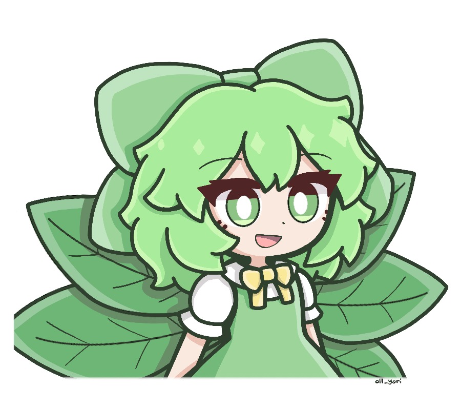 yoriyori, cirno, touhou, commentary, 1girl, :d, alternate color, alternate element, bow, bright pupils, dress, green bow, green dress, green eyes, green hair, hair bow, leaf wings, open mouth, short hair, short sleeves, signature, simple background, smile, solo, white background, white pupils