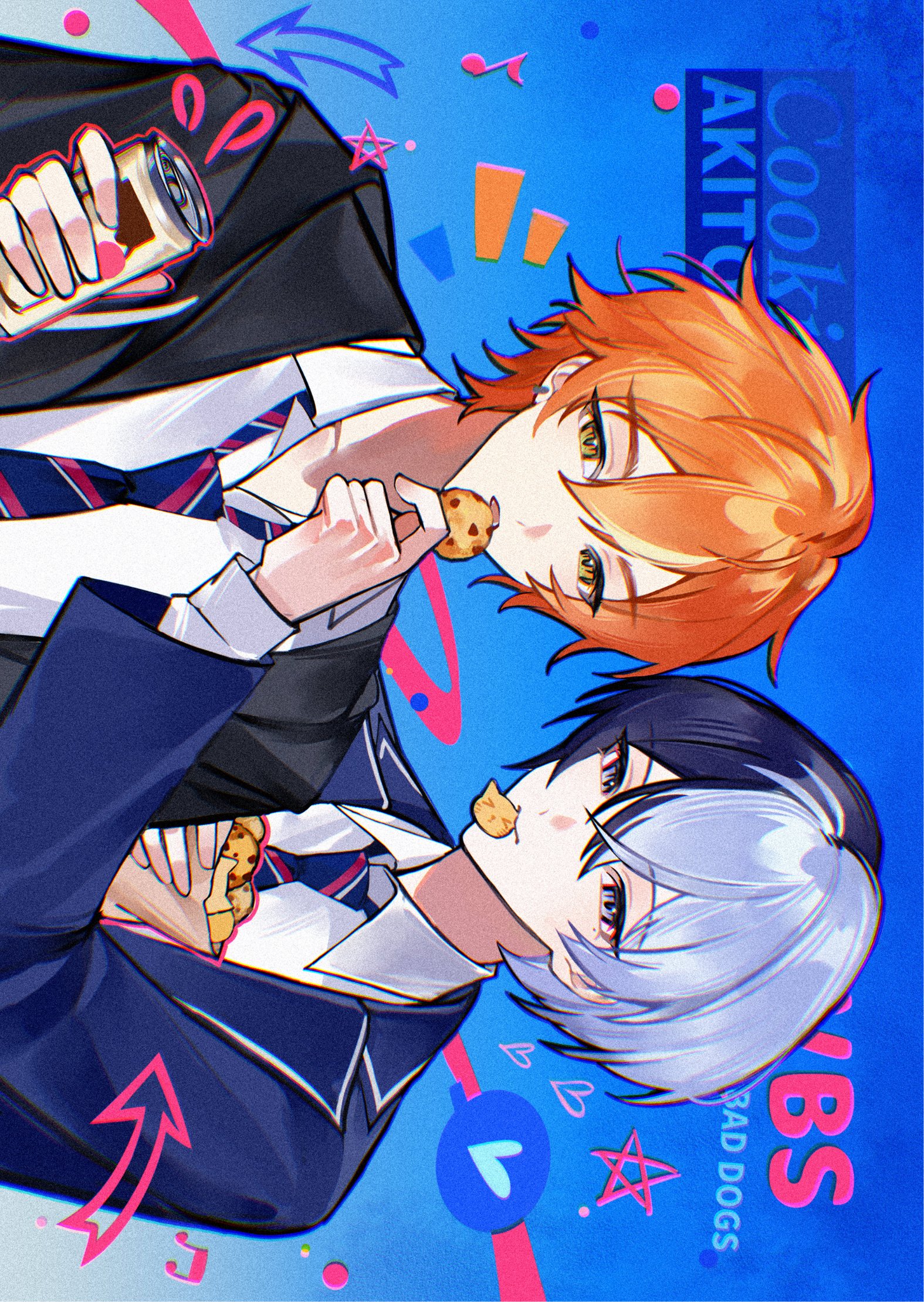 zhao yifei, aoyagi touya, shinonome akito, project sekai, commentary, english commentary, highres, 2boys, arrow (symbol), black jacket, blue eyes, blue jacket, can, candy, cookie, earrings, food, green eyes, heart, holding, holding can, holding candy, holding cookie, holding food, jacket, jewelry, multicolored hair, multiple boys, musical note, necktie, open mouth, shirt, single earring, star (symbol), white shirt, writing