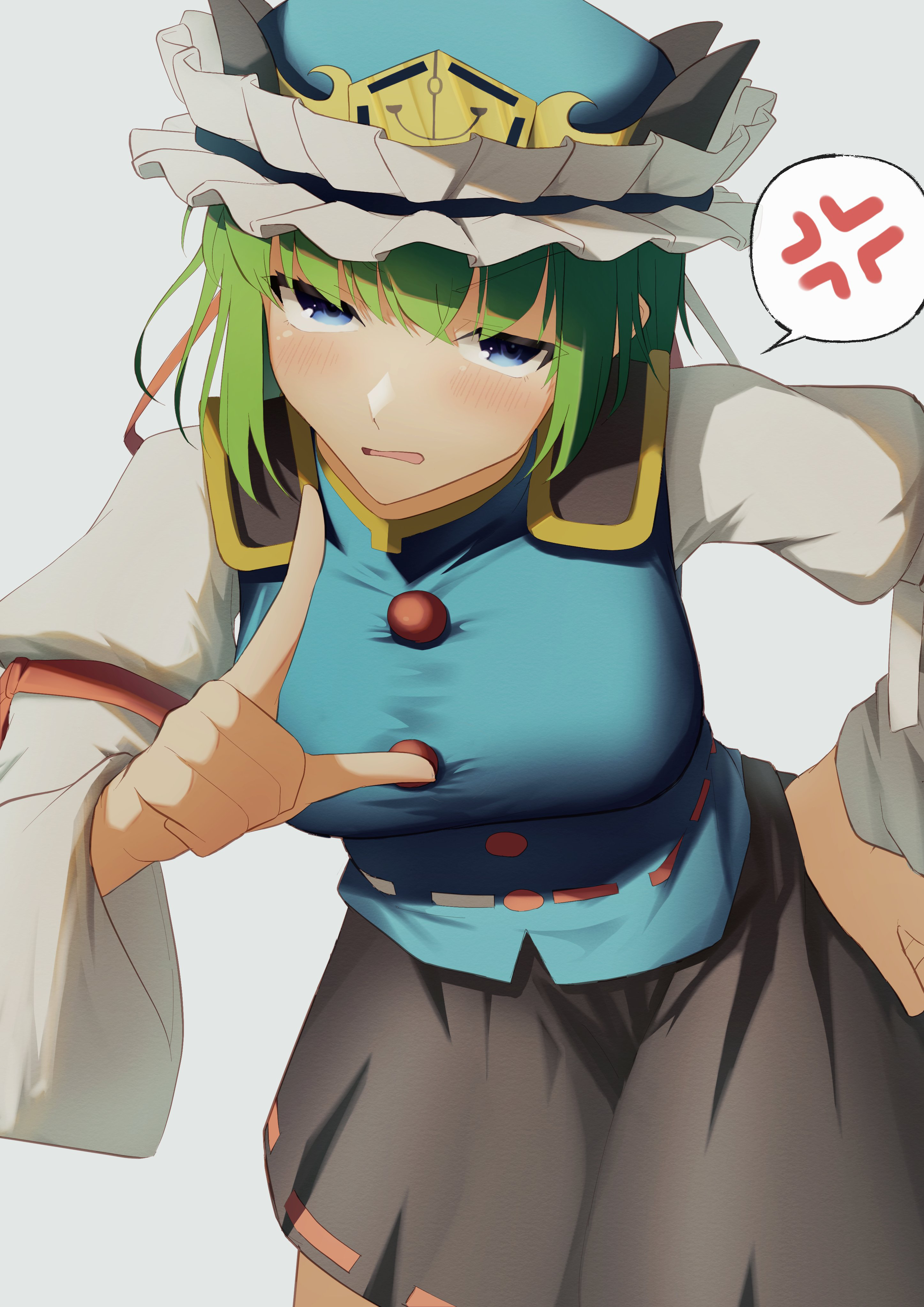raian macaroni, shiki eiki, touhou, absurdres, commentary request, highres, 1girl, anger vein, bent over, black skirt, blue eyes, blue hat, blush, breasts, epaulettes, frilled hat, frills, green hair, hat, index finger raised, large breasts, long sleeves, looking at viewer, open mouth, ribbon-trimmed skirt, ribbon trim, short hair, skirt, solo, spoken anger vein, wide sleeves