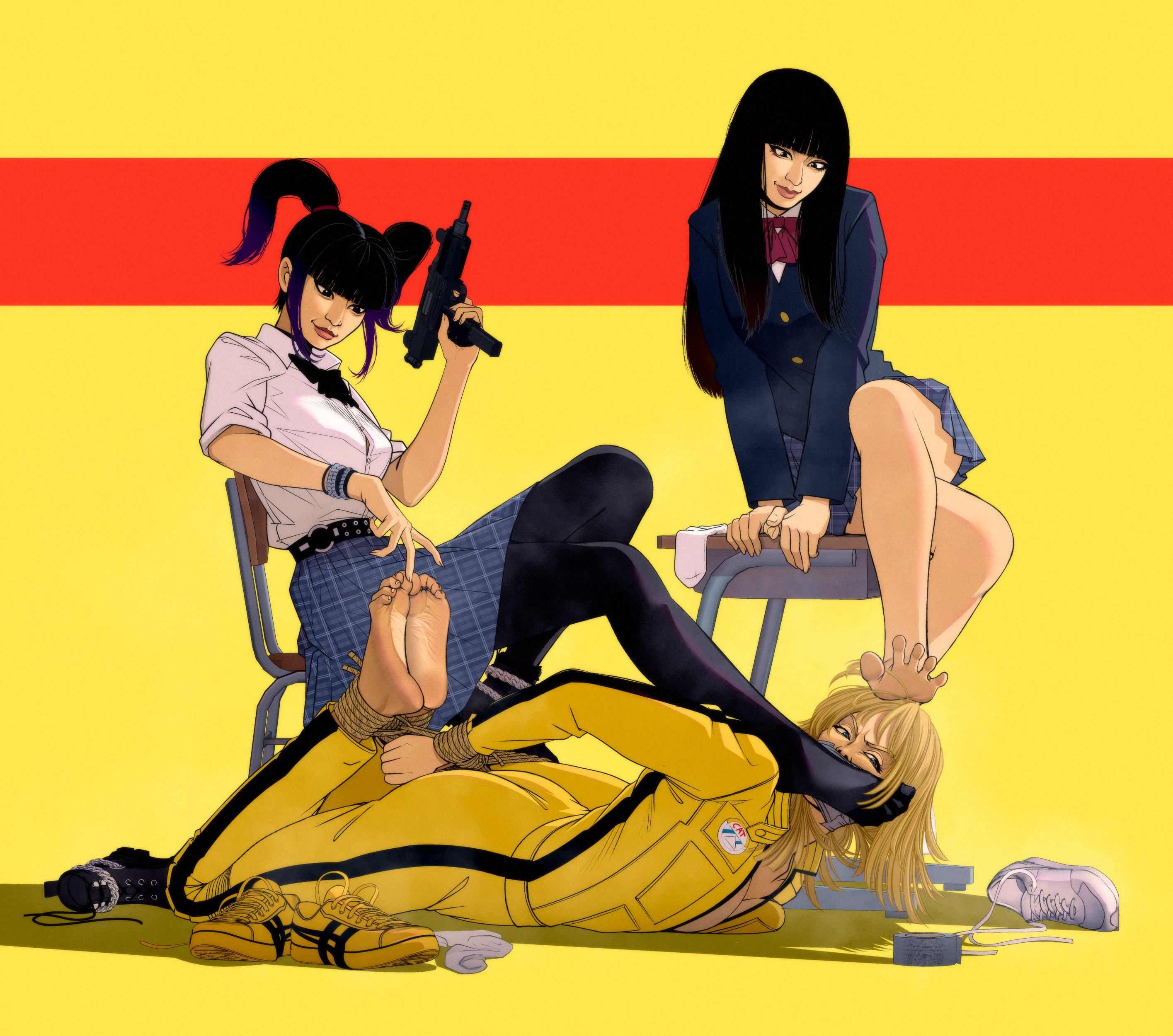 kusujinn, beatrix kiddo, yuubari gogo, fortnite, kill bill, absurdres, highres, 3girls, bare legs, barefoot, bdsm, black hair, blonde hair, bondage, bound, breasts, duct tape, femdom, foot on another's face, foot on head, foot worship, gag, gun, improvised gag, multiple girls, shoes, sneakers, socks, submachine gun, tape, tape gag, tickling, tickling feet, twintails, unworn shoes, unworn socks, uzi, weapon, yuri