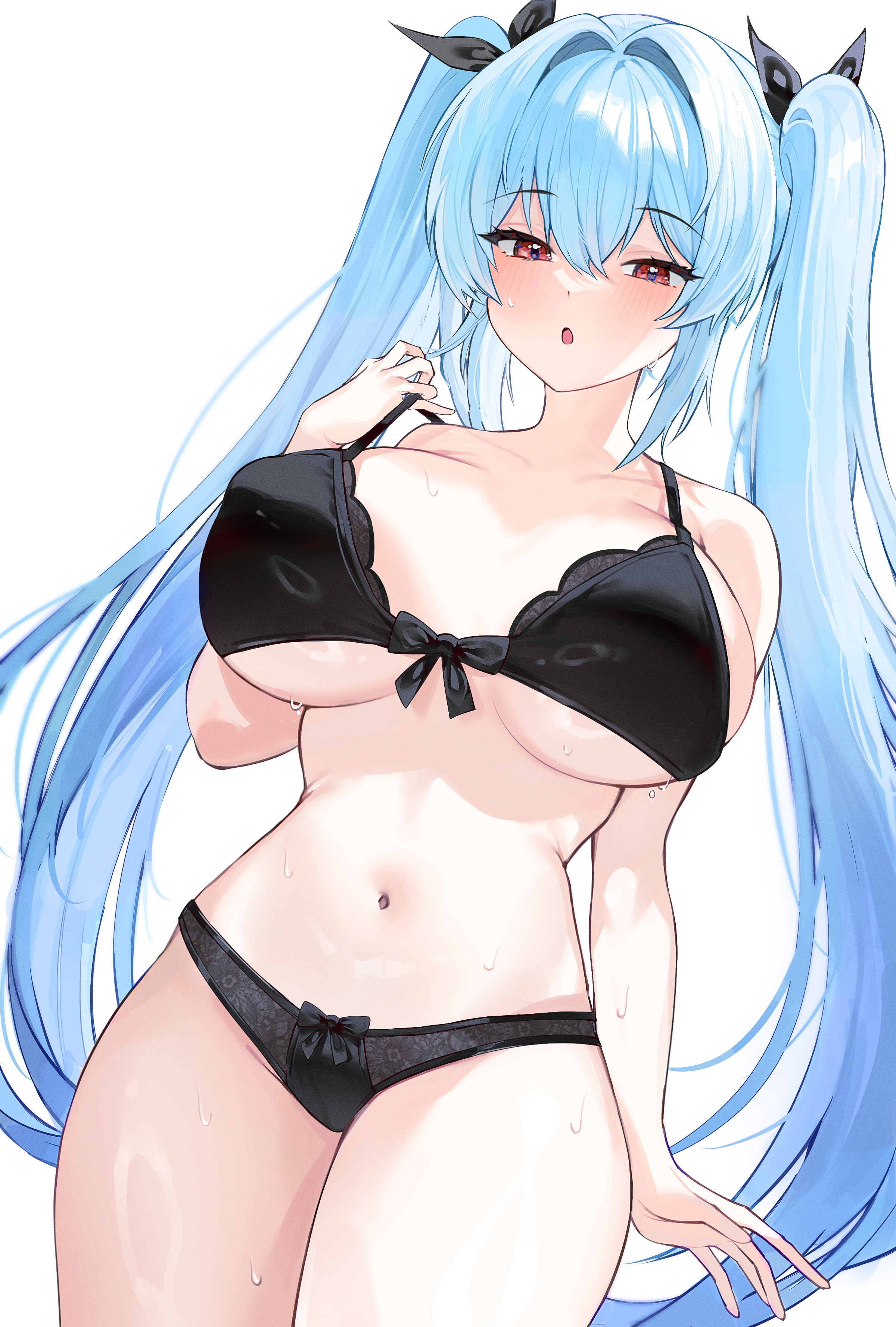 gurami (zangizarang), original, absurdres, commentary, english commentary, highres, 1girl, :o, black bra, black panties, blue hair, blush, bra, breasts, curvy, large breasts, long hair, navel, panties, red eyes, simple background, solo, stomach, sweat, twintails, underwear, white background
