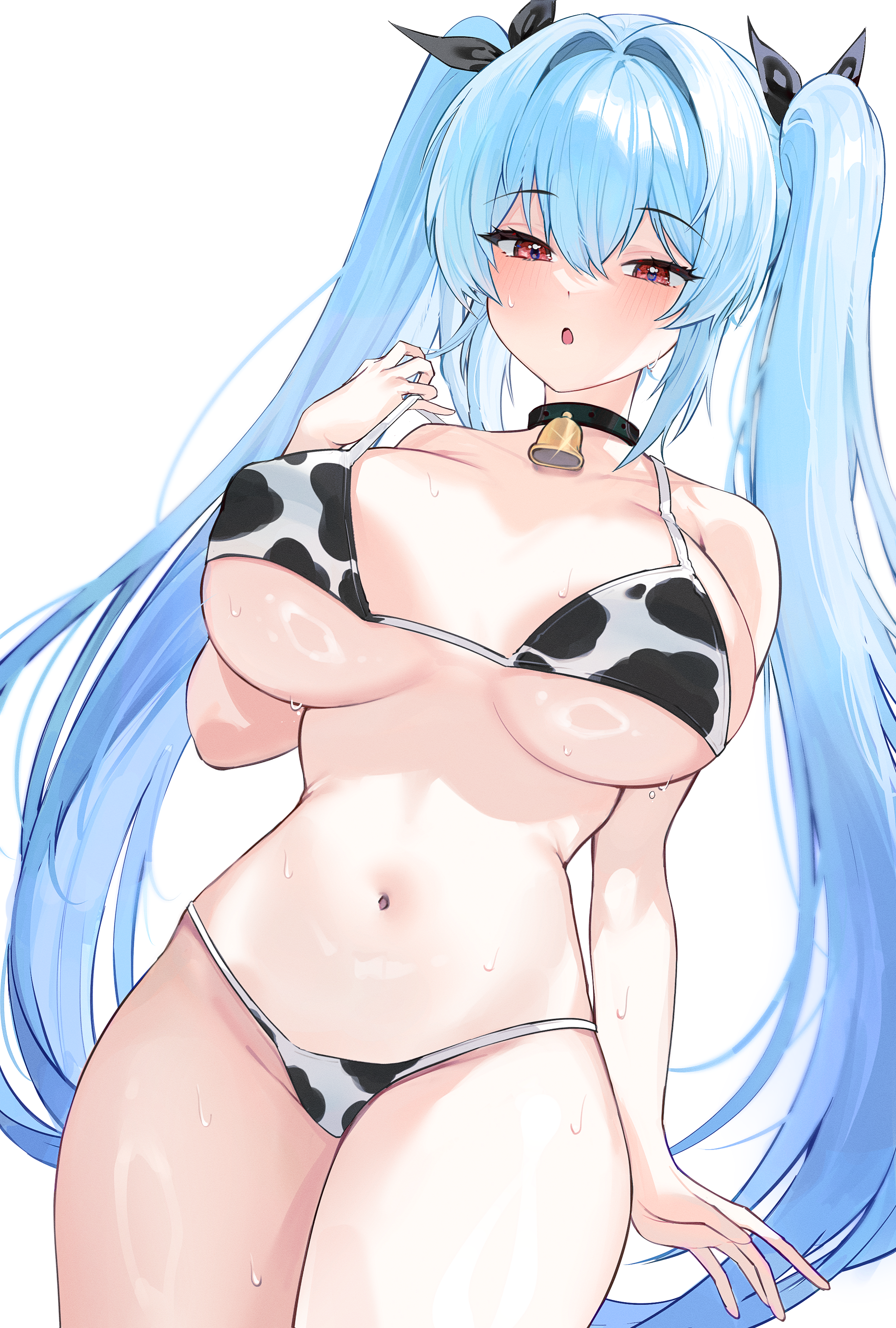 gurami (zangizarang), original, absurdres, commentary, english commentary, highres, 1girl, :o, animal print, bell, bikini, blue hair, blush, breasts, cow print, cow print bikini, curvy, large breasts, long hair, navel, neck bell, print bikini, red eyes, simple background, solo, stomach, sweat, swimsuit, twintails, white background