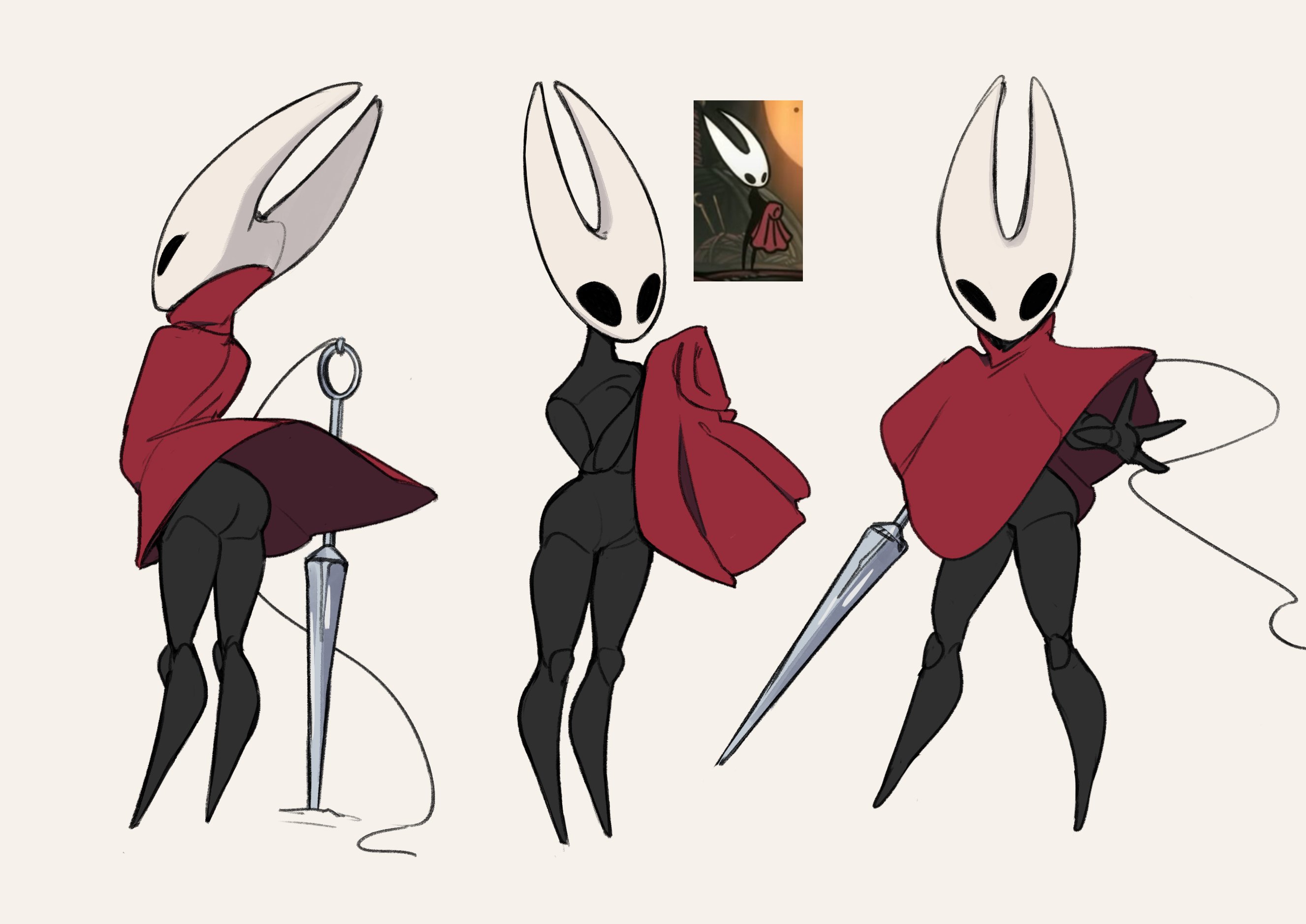 dkajart, hornet (hollow knight), hollow knight, hollow knight: silksong, commentary, english commentary, highres, 1girl, arthropod girl, ass, black eyes, black skin, cloak, colored skin, game screenshot inset, horns, multiple views, needle (hollow knight), red cloak, simple background, standing, string, white background