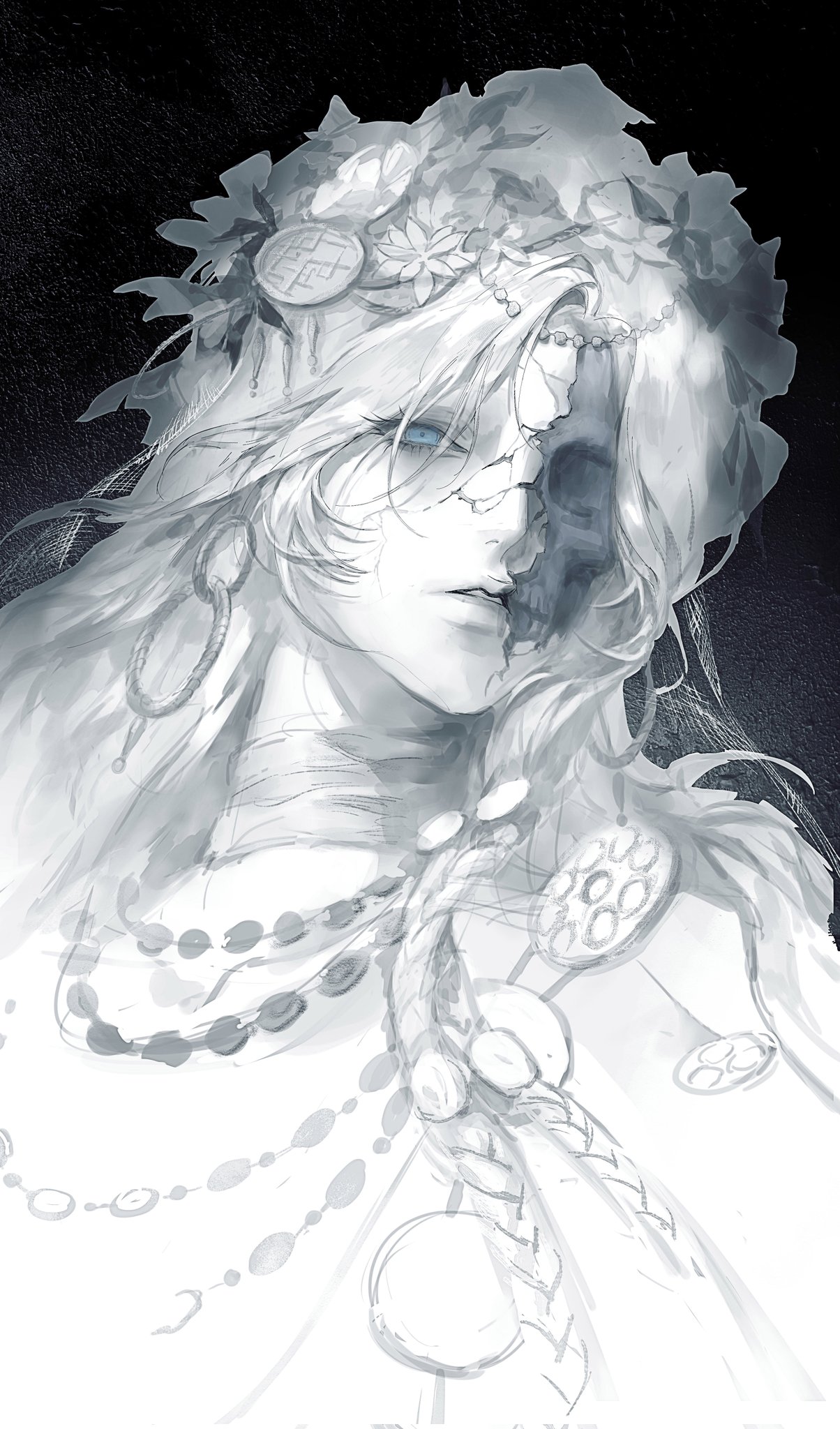 jiao chang, revenant (elden ring), elden ring, elden ring nightreign, hashtag-only commentary, highres, 1girl, blue eyes, braid, doll joints, dress, flower wreath, head wreath, holding, jewelry, joints, long hair, looking at viewer, low twin braids, skull, solo, twin braids, veil, white dress, white hair, white veil