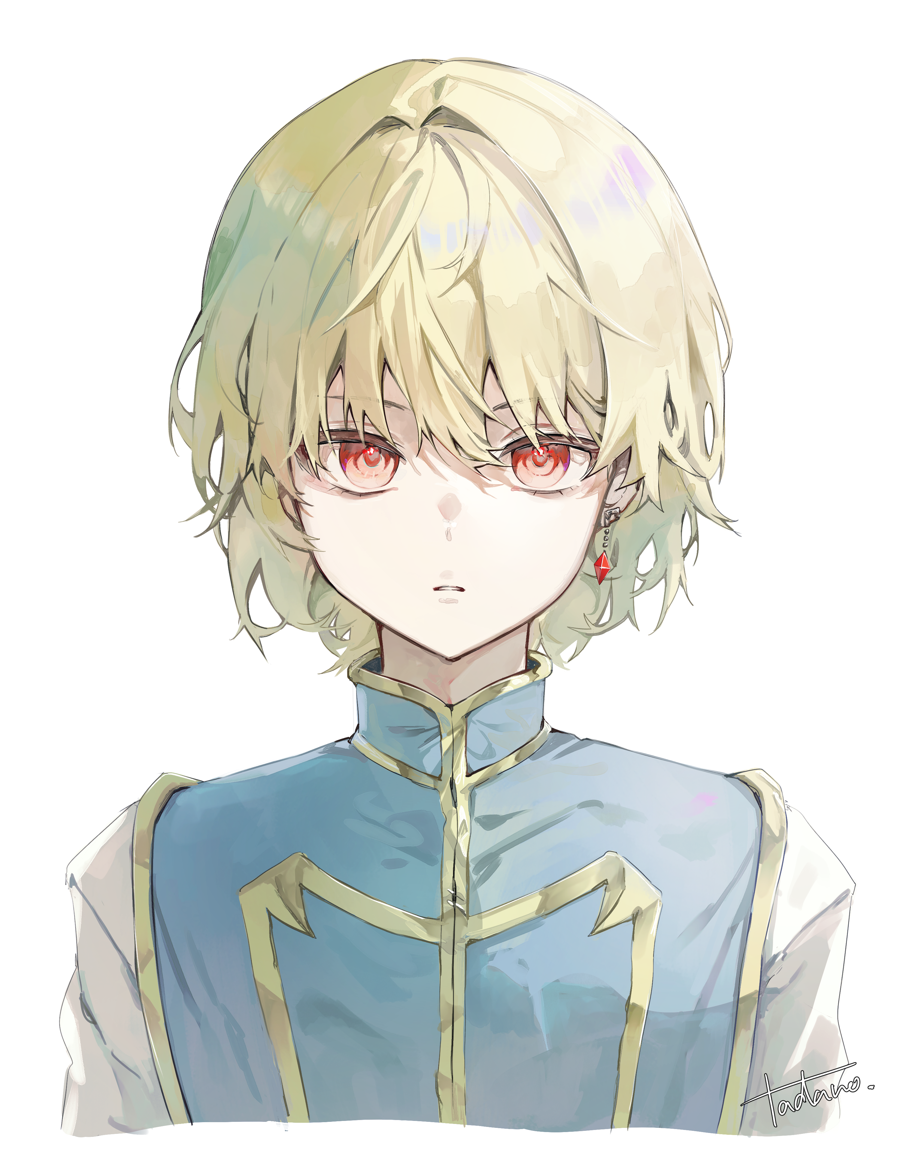 tadano1129, kurapika, hunter x hunter, absurdres, commentary request, highres, 1boy, blonde hair, blue tabard, cropped torso, earrings, expressionless, jewelry, looking at viewer, male focus, parted lips, red eyes, short hair, solo, tabard, upper body