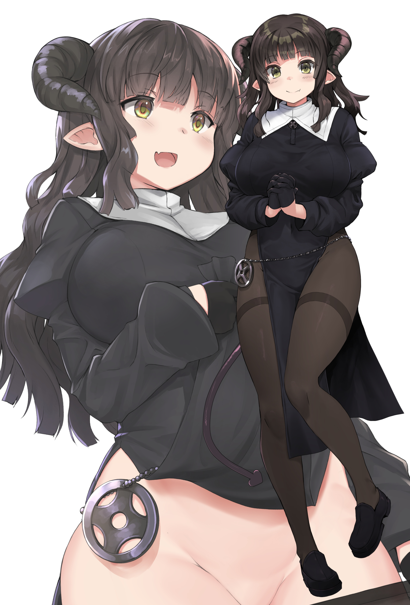 itou ryuusei, original, commentary request, highres, 1girl, :d, black gloves, black pantyhose, black shoes, breasts, brown hair, demon girl, demon horns, demon tail, fang, fang out, gloves, green eyes, horns, looking at viewer, multiple views, open mouth, own hands clasped, own hands together, pantyhose, pelvic curtain, pointy ears, shoes, sidelocks, simple background, skin fang, smile, tail, white background
