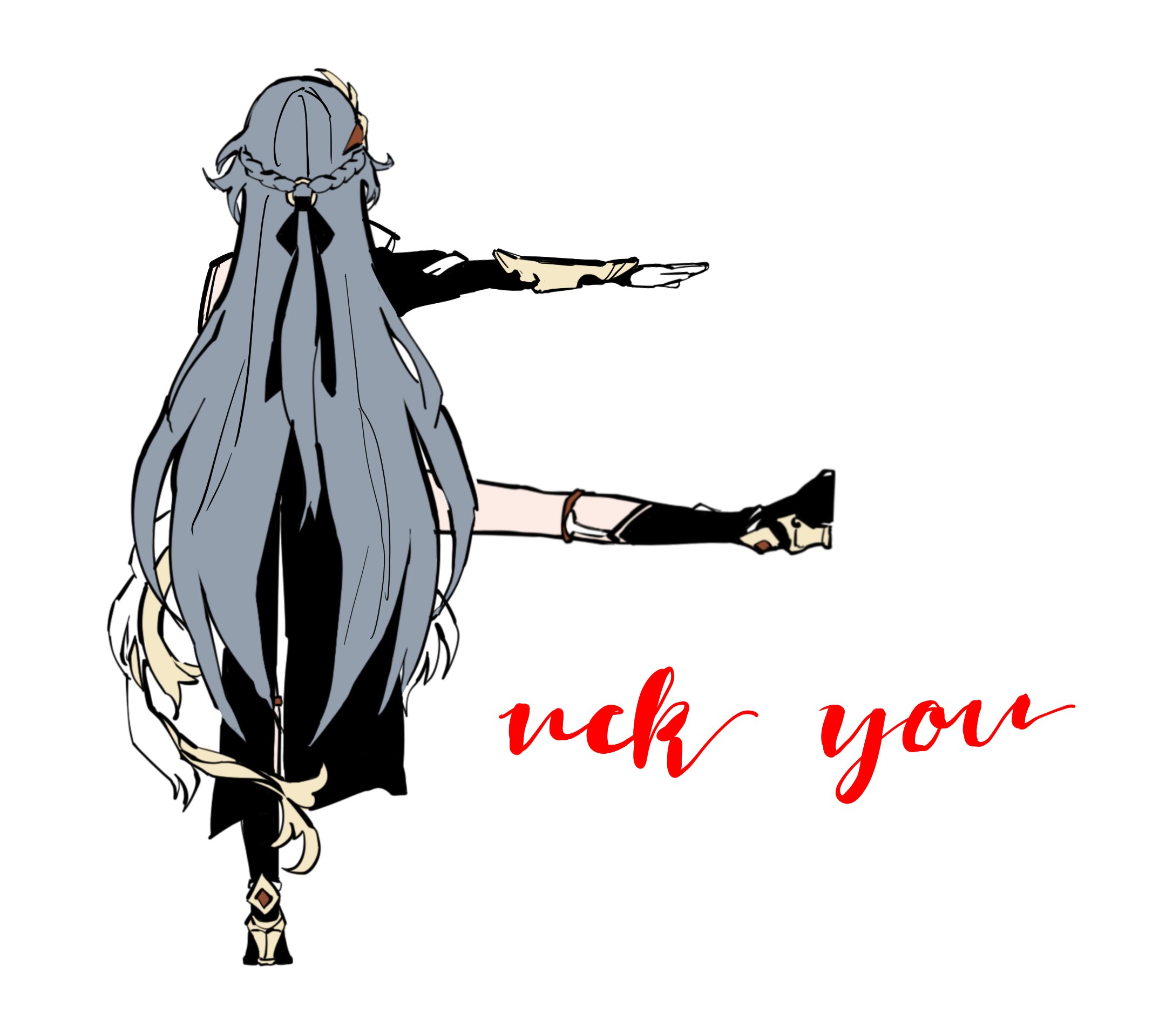 muunchilde, herrscher of sentience, honkai (series), honkai impact 3rd, highres, 1girl, asymmetrical sleeves, braid, chinese clothes, from behind, full body, grey hair, high heels, long hair, o-ring, profanity, simple background, solo, standing, standing on one leg, uneven sleeves, very long hair, white background