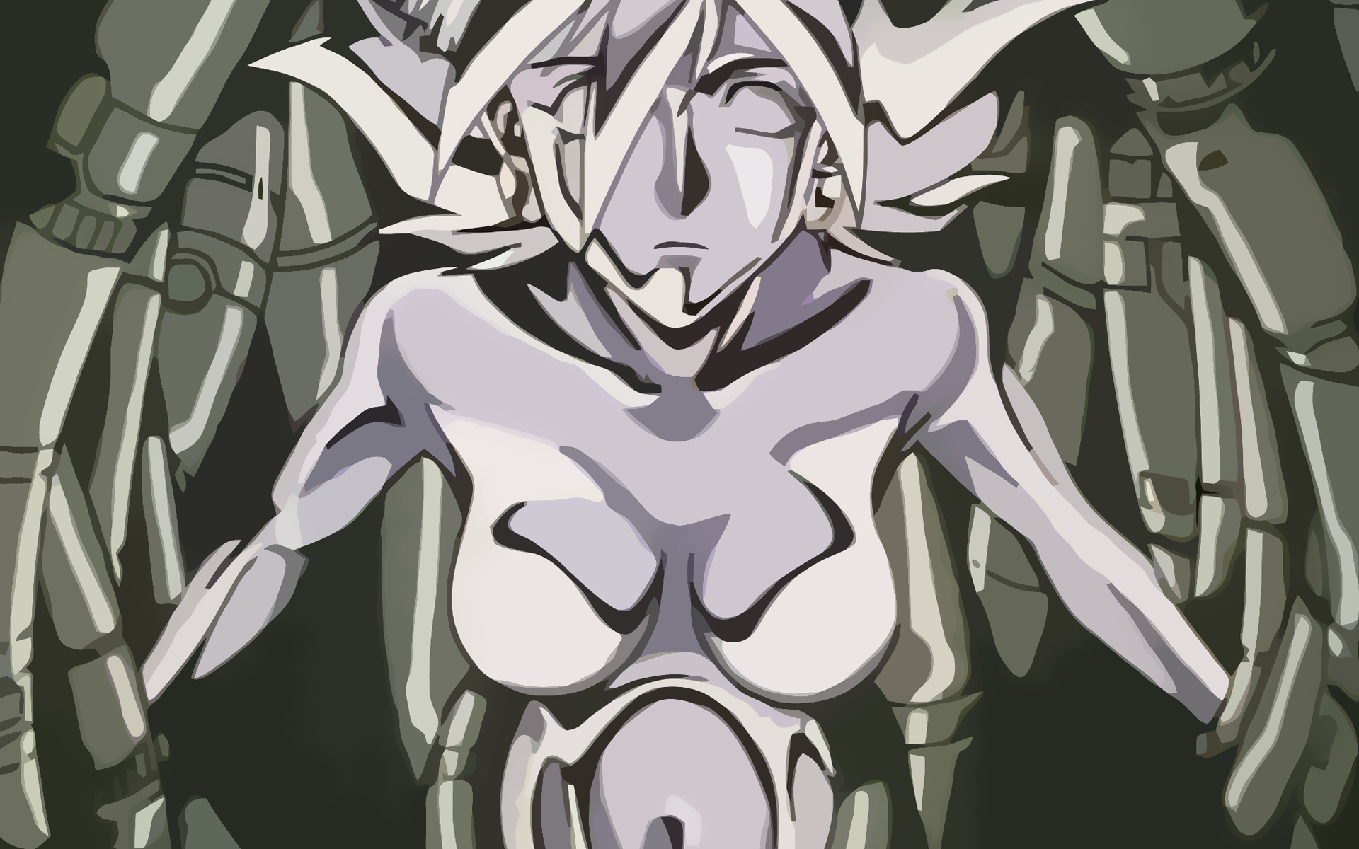 rain mikamura, g gundam, gundam, metal, derivative work, highres, vector trace, 1990s (style), 1girl, breasts, cleavage, dg cells, earrings, female focus, hairband, jewelry, large breasts, mecha, nude, retro artstyle, robot, short hair, solo, statue, tentacles