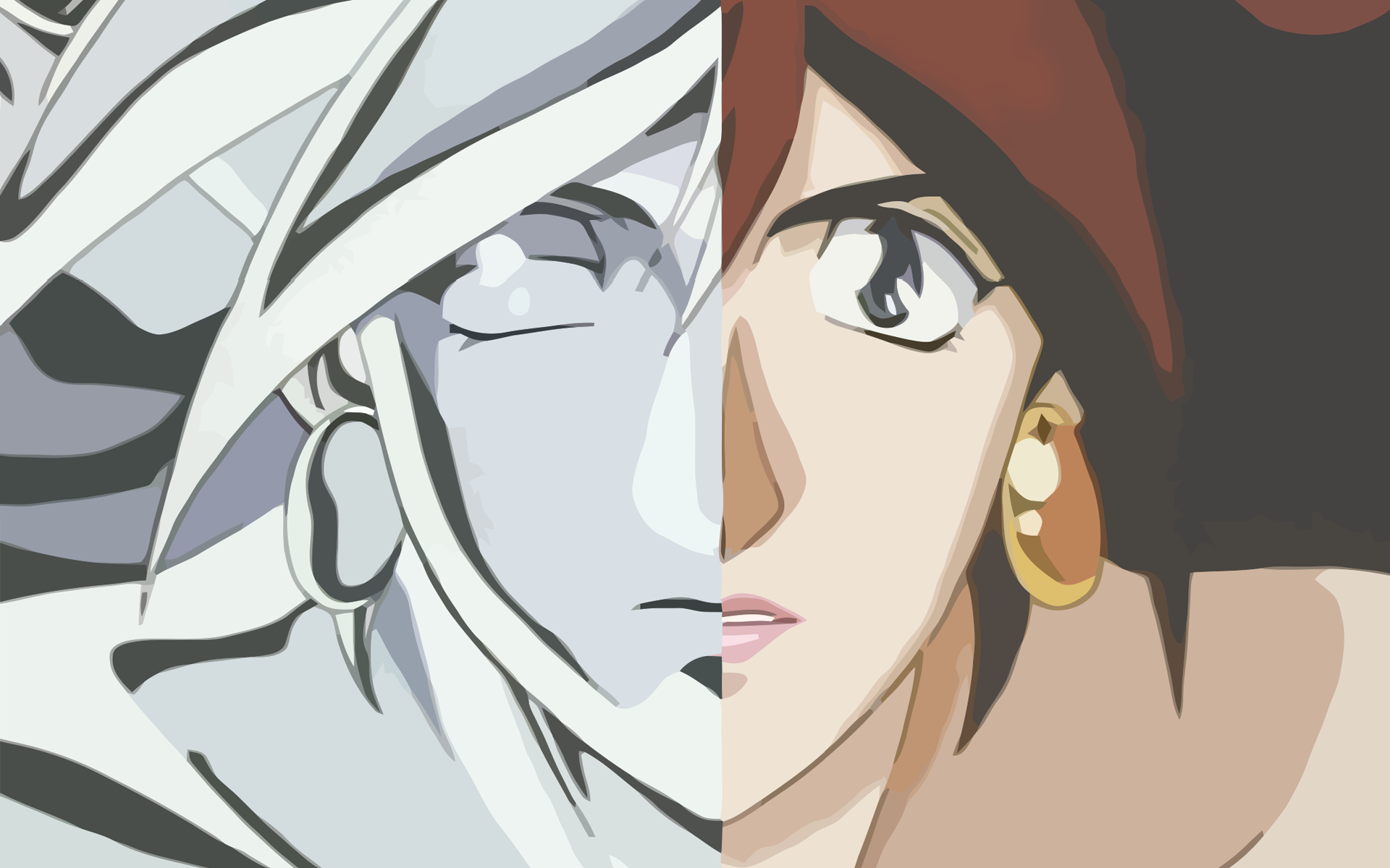 rain mikamura, g gundam, gundam, metal, highres, 1990s (style), 1girl, dg cells, earrings, female focus, hairband, jewelry, mecha, portrait, retro artstyle, robot, short hair, solo, statue