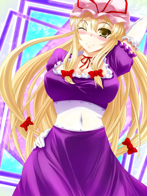 negamaro, yakumo yukari, touhou, 1girl, blonde hair, breasts, elbow gloves, female focus, gloves, hat, long hair, solo, wink, yellow eyes