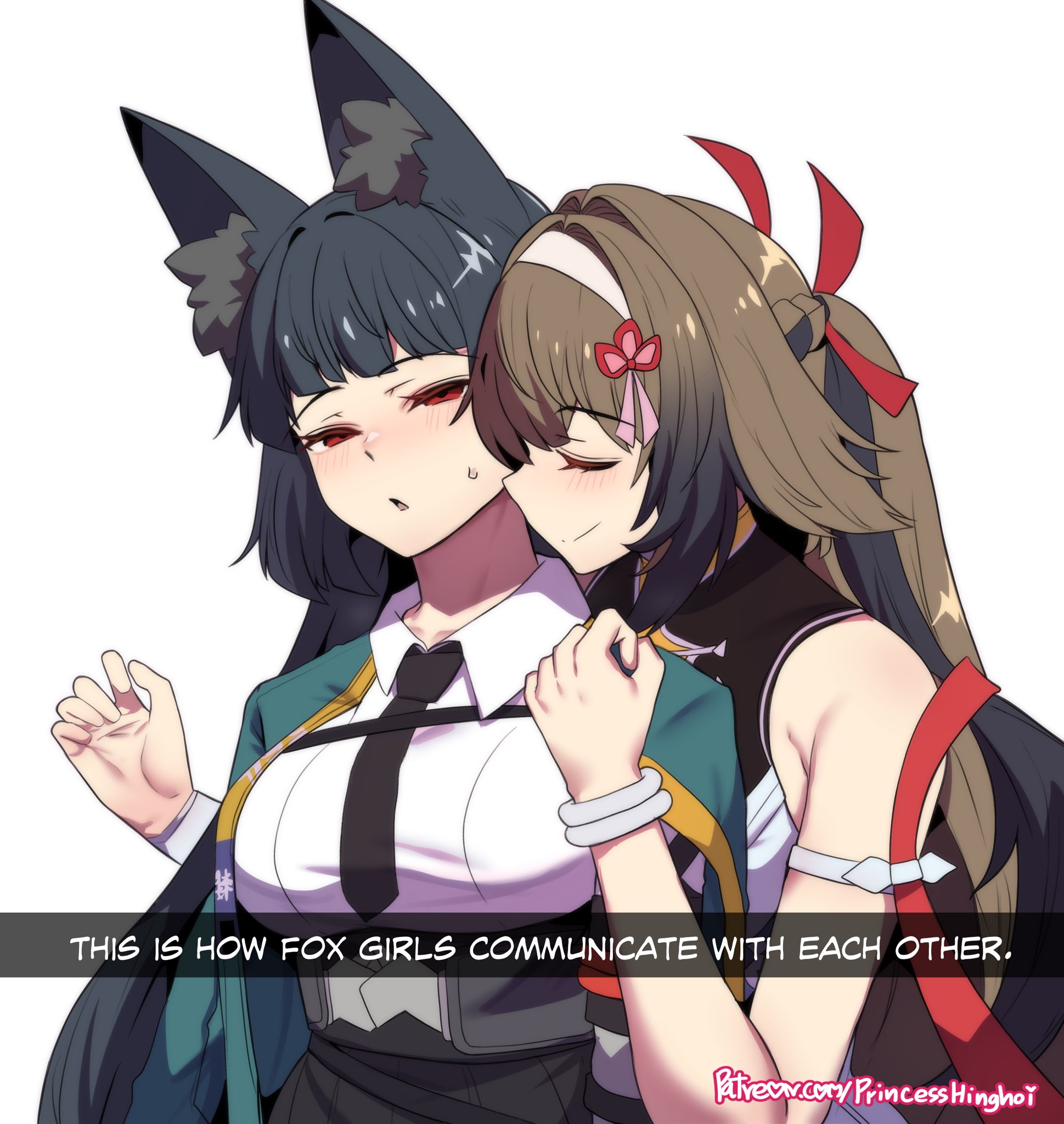 hinghoi, hoshimi miyabi, ye shunguang, zenless zone zero, commentary, english commentary, highres, 2girls, animal ear fluff, animal ears, aqua jacket, arm out of sleeve, armlet, bare shoulders, behind another, black hair, black necktie, black skirt, blush, bracelet, brown hair, china dress, chinese clothes, closed eyes, closed mouth, clover, clover hair ornament, dress, droopy ears, english text, fox ears, fox girl, gauntlets, hair intakes, hair ornament, hairband, half-closed eyes, high-waist skirt, jacket, jewelry, long hair, metal bracelet, multiple girls, necktie, open mouth, patreon username, red eyes, red ribbon, ribbon, shirt, silver armlet, silver bracelet, simple background, single gauntlet, skirt, smile, sweatdrop, upper body, very long hair, white background, white hairband, white shirt, yuri