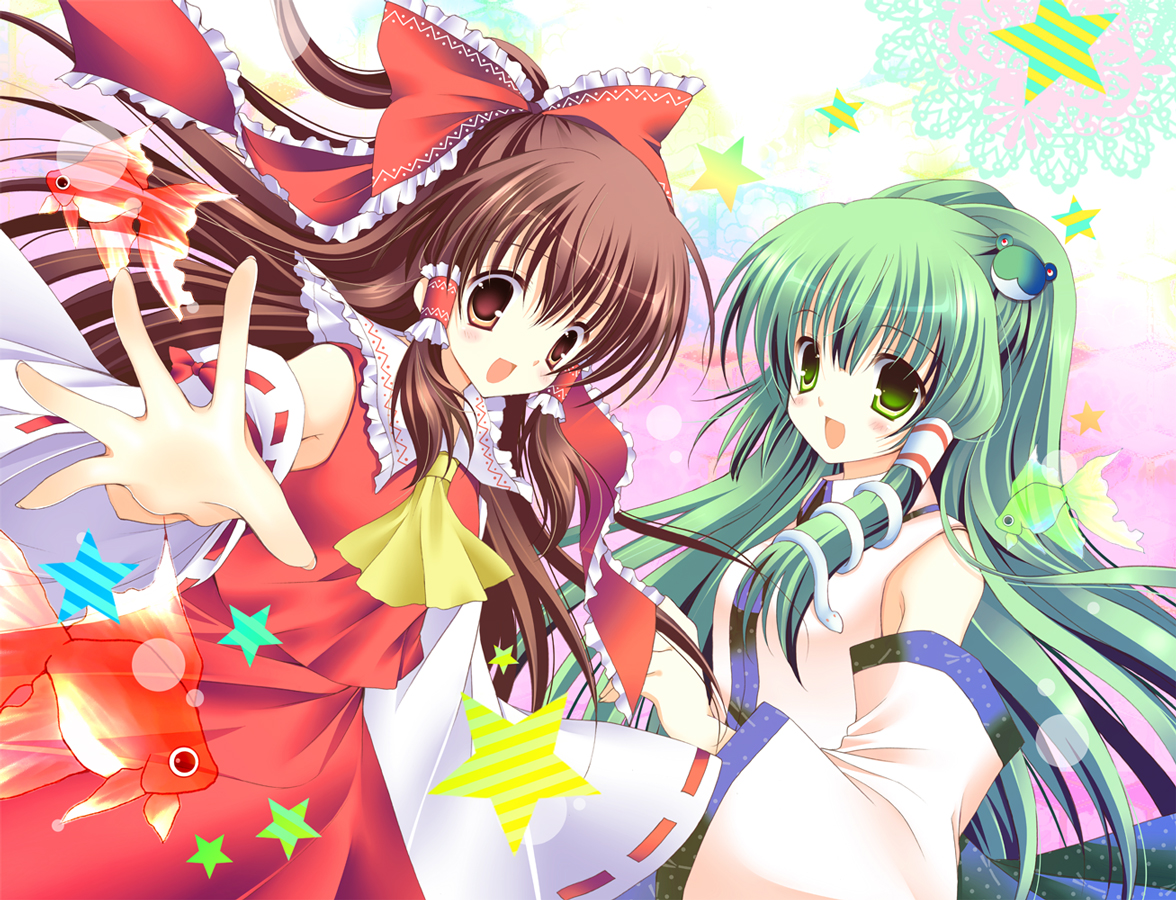 shirogane hina, hakurei reimu, kochiya sanae, touhou, 2girls, ascot, blouse, bow, brown eyes, brown hair, collared shirt, detached sleeves, female focus, fish, frilled hair tubes, frills, green eyes, green hair, hair bow, hair tubes, japanese clothes, miko, multiple girls, red shirt, shirt, skirt, white shirt, yellow ascot