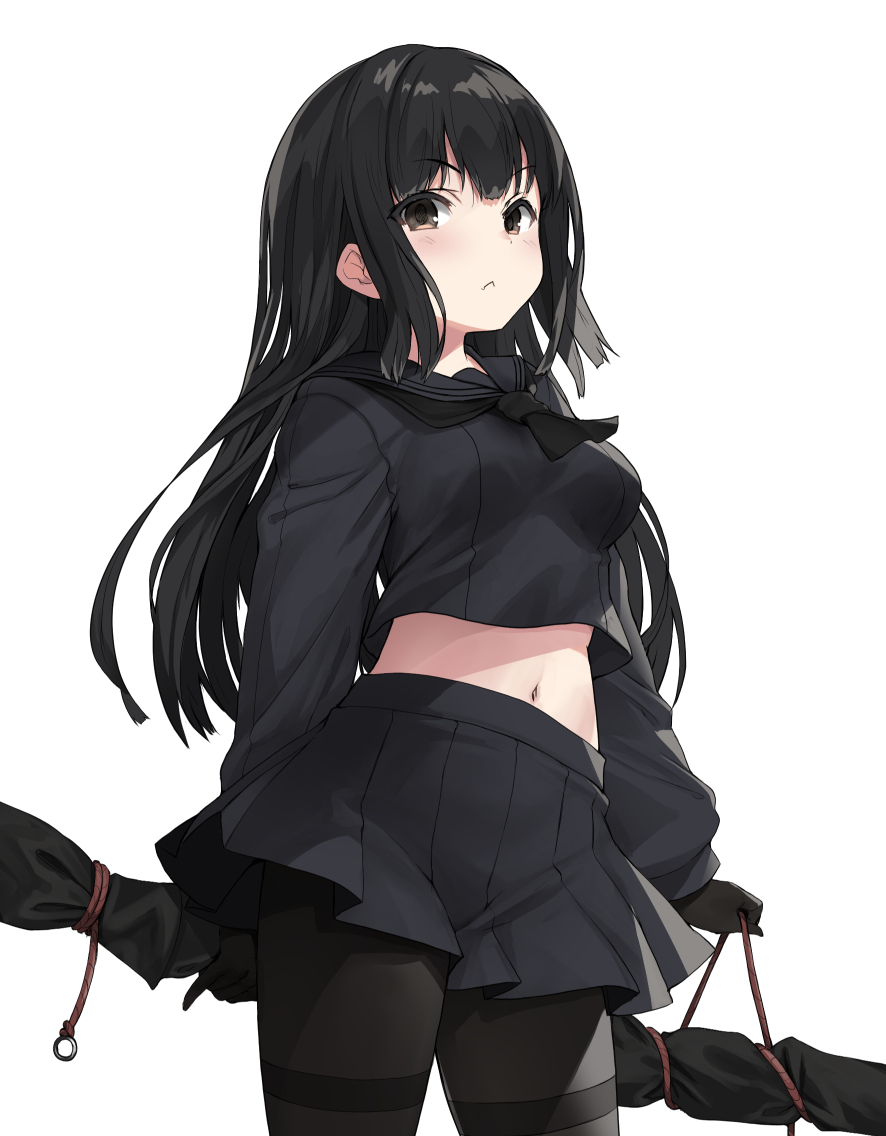 itou ryuusei, original, commentary request, 1girl, :<, black gloves, black pantyhose, black sailor collar, black serafuku, black shirt, black skirt, breasts, cowboy shot, expressionless, fang, fang out, gloves, looking at viewer, midriff, navel, pantyhose, pleated skirt, sailor collar, school uniform, serafuku, shirt, simple background, skin fang, skirt, solo, white background