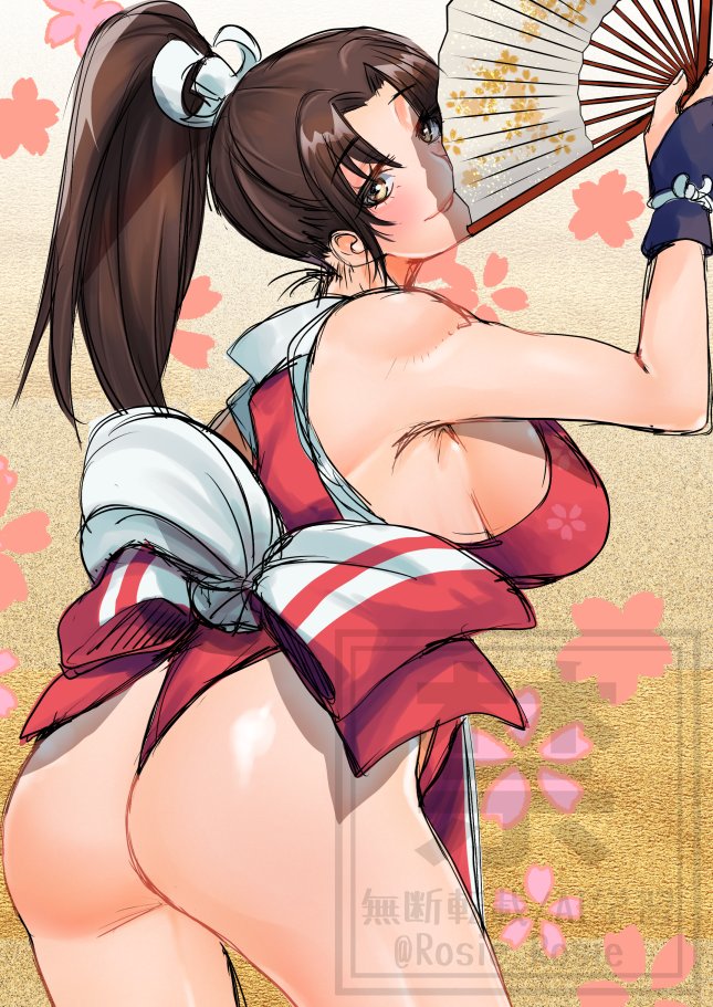 rosie rosie, shiranui mai, the king of fighters, commentary request, 1girl, ass, bare legs, bare shoulders, breasts, brown eyes, brown hair, cowboy shot, from behind, hand fan, high ponytail, holding, holding fan, japanese clothes, kimono, large breasts, long hair, looking at viewer, looking back, ninja, obi, parted bangs, ponytail, red kimono, sash, sideboob, solo, watermark