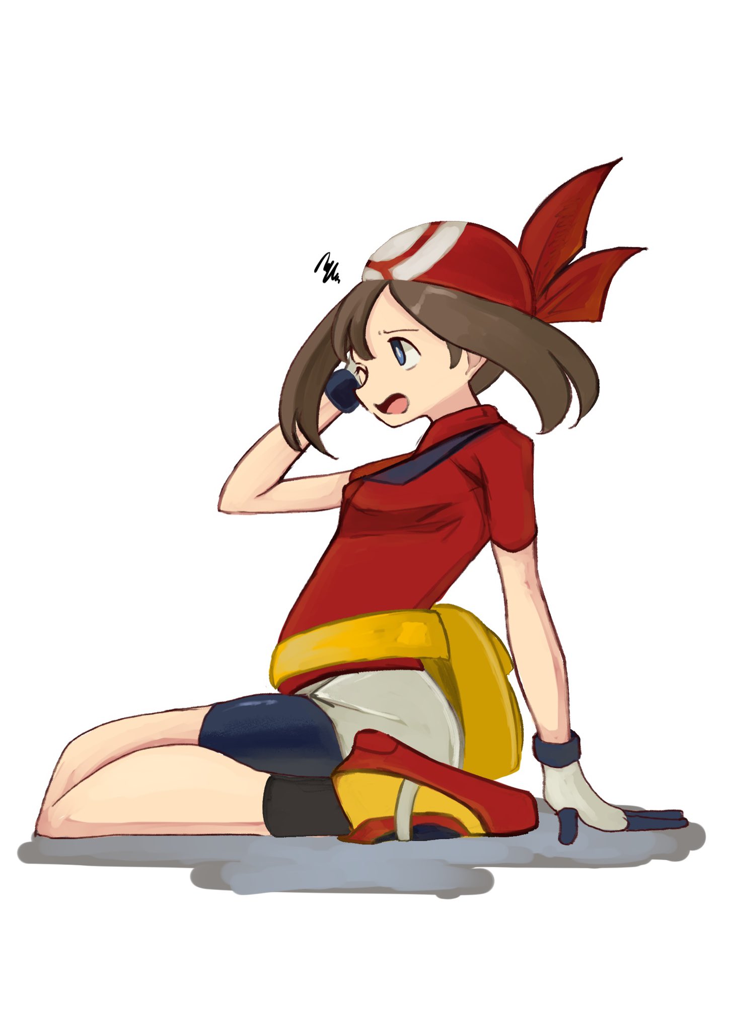 tikuwabu 33, may (pokemon), nintendo, pokemon, pokemon rse, highres, 1girl, bandana, bike shorts, bike shorts under shorts, blue eyes, brown hair, fanny pack, gloves, hand on ground, kneeling, looking to the side, medium hair, on ground, red bandana, red shirt, shirt, shorts, shorts under shorts, simple background, sitting, white background, white gloves