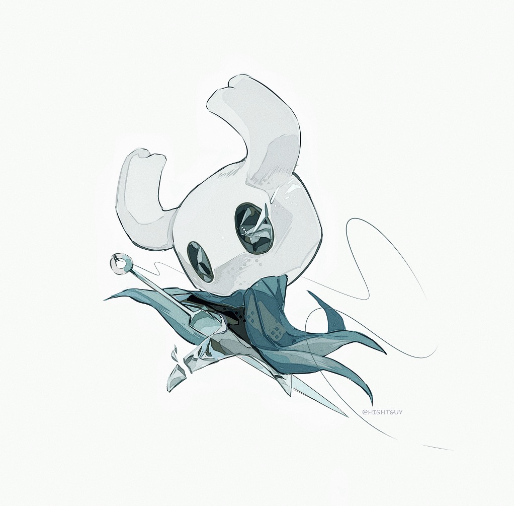 hightguy, knight (hollow knight), hollow knight, chinese commentary, commentary request, 1other, artist name, film grain, full body, grey background, grey cloak, halftone, holding, holding weapon, hollow eyes, horned mask, looking at viewer, mask, needle (hollow knight), no mouth, other focus, simple background, solo, weapon, white mask