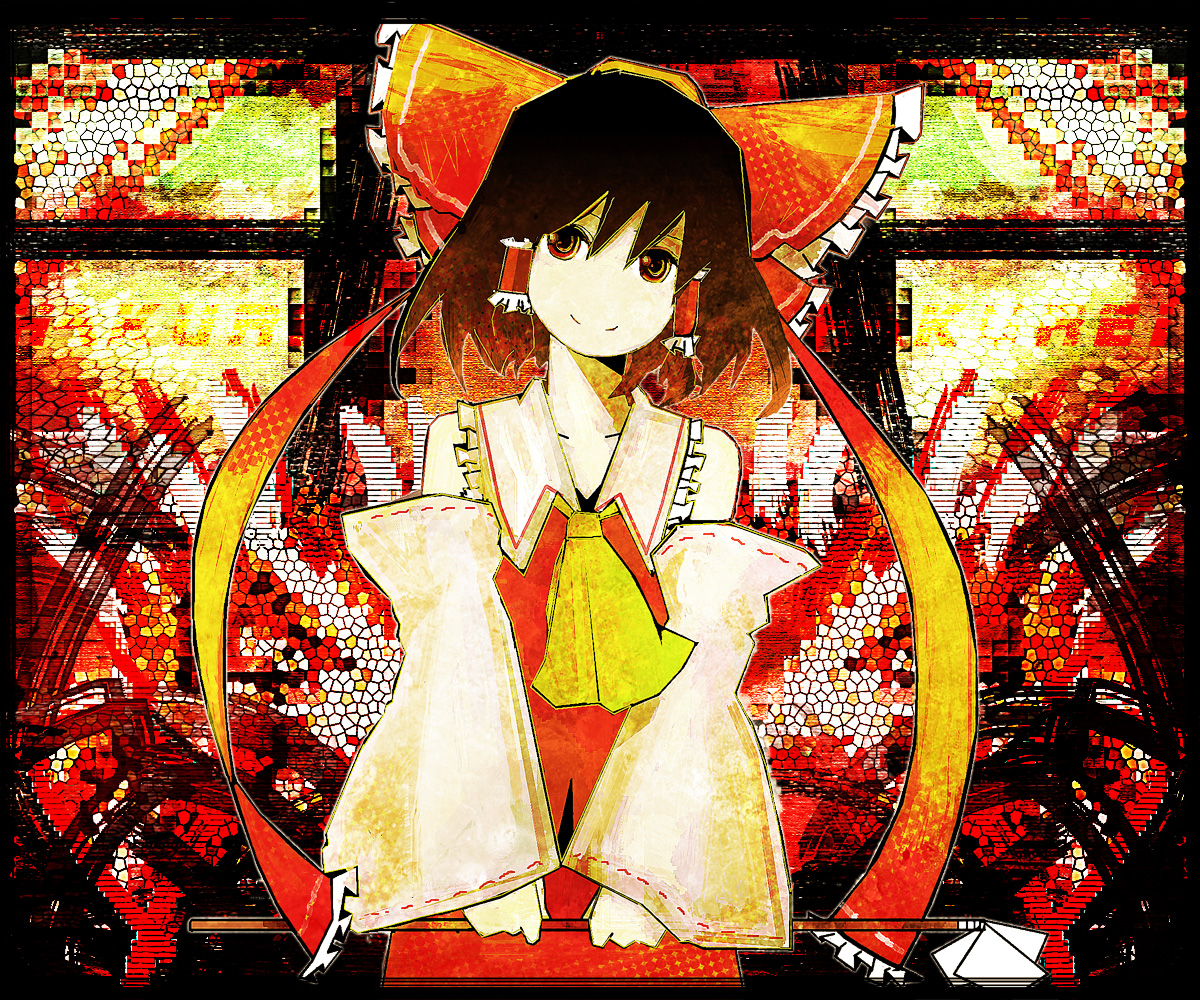 caff (artist), kuro (catcap), hakurei reimu, kamin, touhou, bad id, bad pixiv id, 1girl, ascot, bare shoulders, bow, cowboy shot, detached sleeves, female focus, gohei, grin, hair bow, holding, looking at viewer, smile, solo, stick, teeth