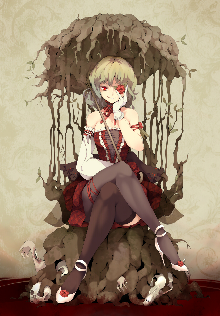 uruu gekka, kazami yuuka, touhou, highres, 1girl, alternate costume, arm ribbon, asymmetrical legwear, bare shoulders, black pantyhose, blood, corpse, covering one eye, crossed legs, detached sleeves, eyepatch, female focus, flower, full body, gloves, green hair, grin, hand on own cheek, hand on own face, high heels, legs, lolita fashion, pantyhose, plaid clothes, plaid skirt, red eyes, red flower, red rose, ribbon, rose, shoes, short hair, sitting, skirt, skull, smile, smirk, solo, thighhighs, throne, umbrella, uneven legwear, white gloves, wide hips