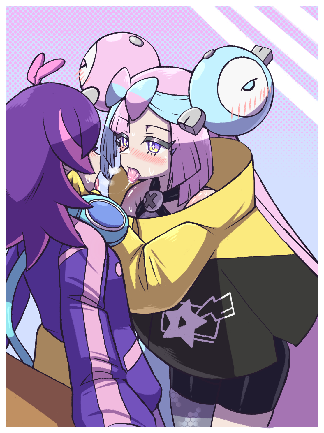 icydirtball, dot (pokemon), iono (pokemon), nintendo, pokemon, pokemon (anime), pokemon sv, commentary, english commentary, highres, 2girls, after kiss, blush, bow-shaped hair, character hair ornament, criss-cross halter, french kiss, grey pantyhose, hair ornament, hairclip, halter shirt, halterneck, headphones, headphones around neck, hexagon print, jacket, kiss, long hair, long sleeves, looking at another, multicolored hair, multiple girls, open mouth, oversized clothes, pantyhose, pink hair, saliva, saliva trail, single leg pantyhose, sleeves past fingers, sleeves past wrists, split-color hair, sweat, sweatdrop, tongue, tongue out, two-tone hair, x (symbol), yellow jacket, yuri