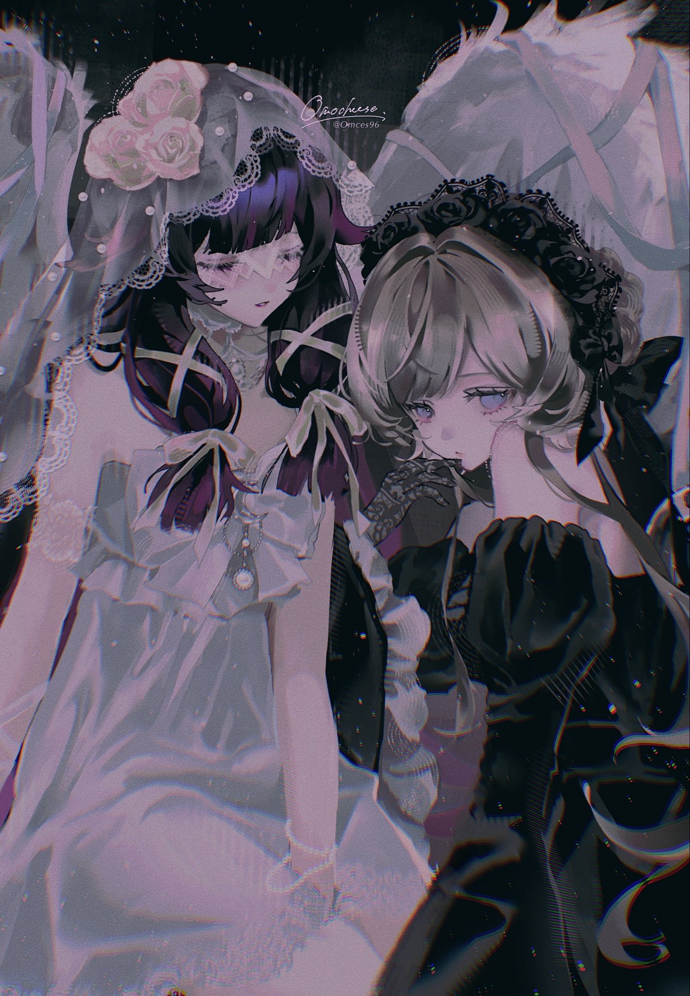 omces96, columbina (genshin impact), sandrone (genshin impact), genshin impact, highres, 2girls, bare shoulders, black dress, black ribbon, blue eyes, bracelet, closed eyes, closed mouth, dress, gloves, hand on own face, jewelry, lace, lace gloves, multiple girls, pearl bracelet, ribbon, veil, watermark, white dress, white ribbon, wings