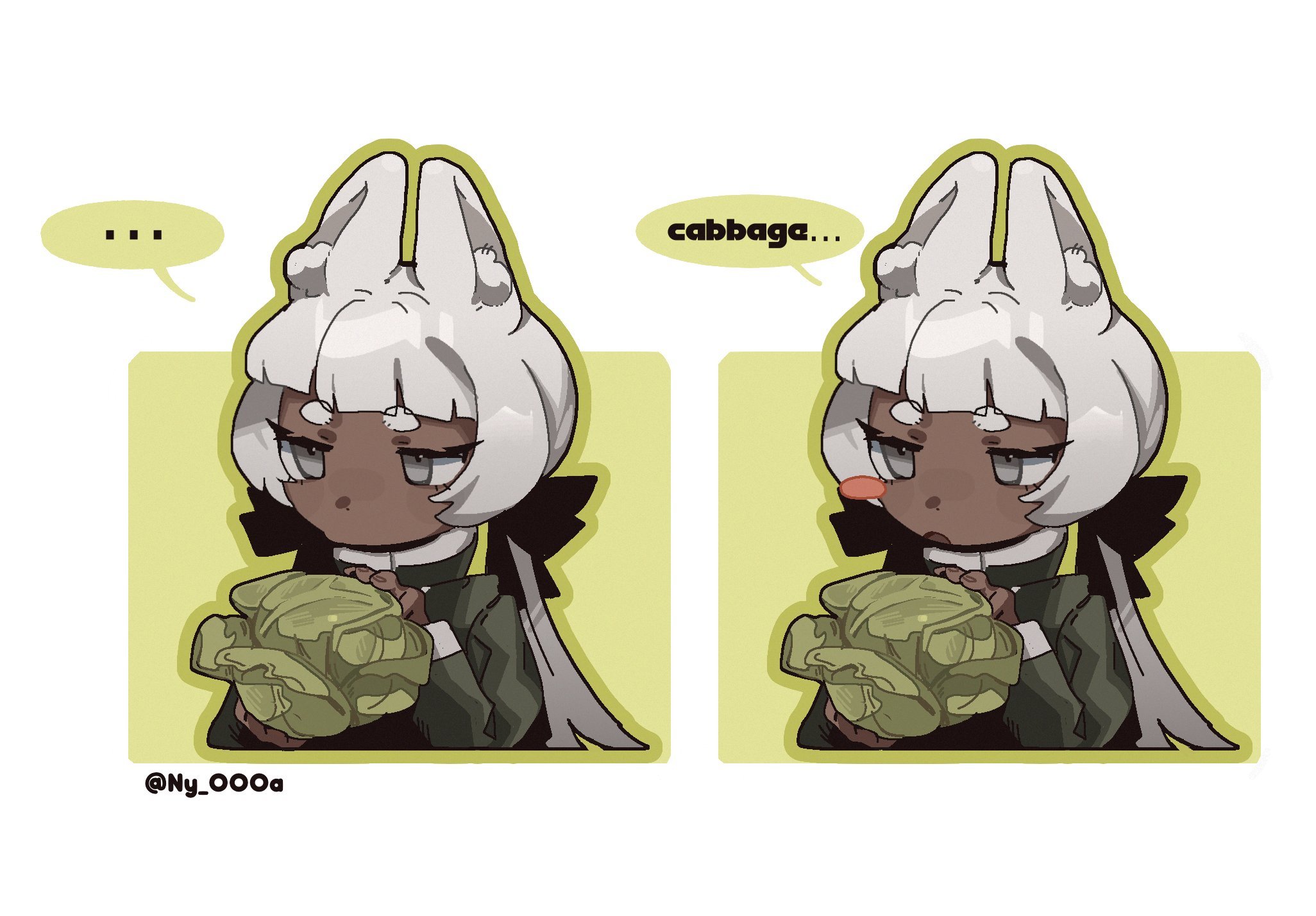 ny 000a, charon (project moon), limbus company, project moon, commentary, english commentary, highres, …, 1girl, animal ears, bow, cabbage, chibi, dark skin, grey eyes, hair bow, rabbit ears, twintails