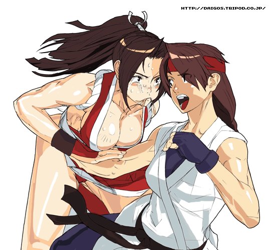 shiranui mai, yuri sakazaki, snk, the king of fighters, 2girls, diagos, long hair, multiple girls, muscular, ninja, punching, rope